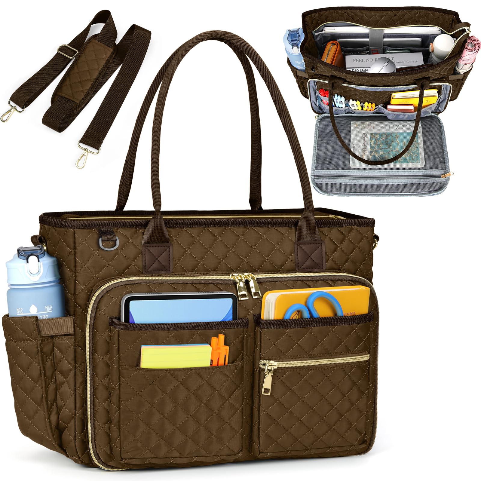 RAINSMORE Teacher Tote Bag 15.6 inch Laptop Bag for Women Work Bags Laptop Tote Nurse Bag Professional Computer Messenger with Insulated Pocket, Laptop Briefcase for Office, College, Nursing, Coffee
