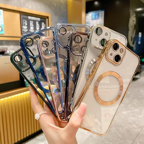 Miniatura 7 de Uioeua - Funda magnética transparente compatible con iPhone 13, revestimiento de lujo, brillante, transparente, a prueba de golpes, con protector