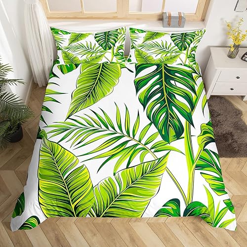 Miniatura 7 de Juego de funda de edredón con diseño de plantas de árbol tropical, tamaño King con cierre de cremallera, funda de edredón con estampado de flores de