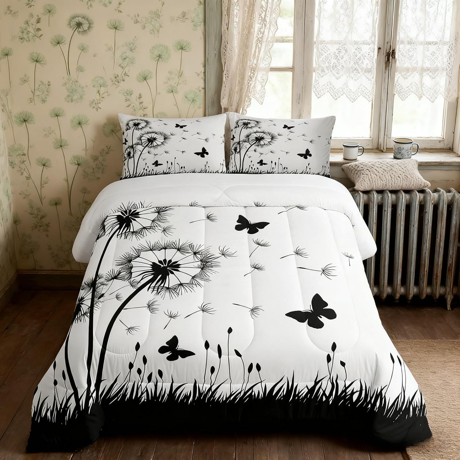 Dandelion Comforter Set Queen Size,Rustic Natural Bedding Set 3pcs for Kids Teens Girls Boys Room Decor,Butterfly Floral Animal Quilt Set Black and White Duvet Insert with 2 Pillowcases
