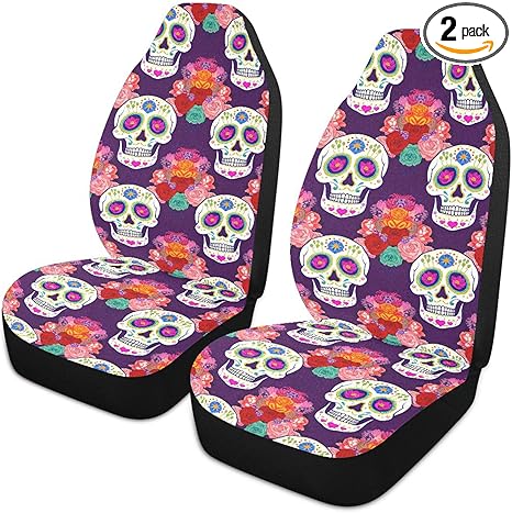 Vibrant Sugar Skulls Car Seat Covers Set of 2 Auto Front Seats Protector High Stretch Back Easy Install Bucket Seat Cover for Car, SUV, Truck