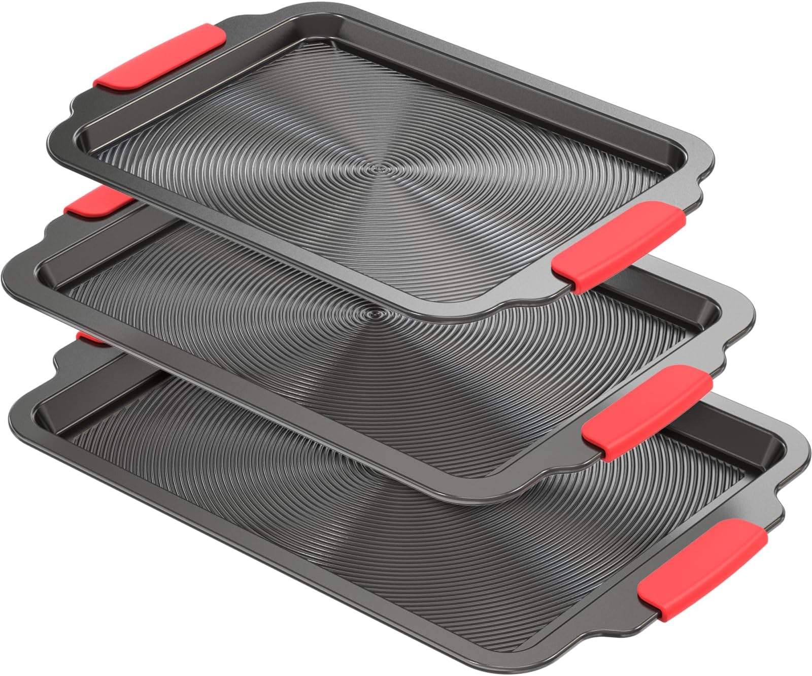 Bazova 3-Piece Baking Sheet Set with Circle Grooves,Nonstick Cookie Sheets/Baking Trays for Baking & Roasting,Heavy Duty Bakeware with Half/Quarter/Jelly Roll Pans,PFAS/PTFE Free,Gray with Red Grips