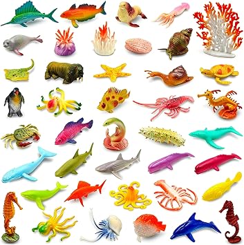 Pinowu Ocean Sea Animal Figurines 50pcs, Assorted Mini Vinyl Rubber Animal Toy Set, Realistic Sea Creature Bath Toy for Child Party Favors Gift, Cupcake Topper, Education