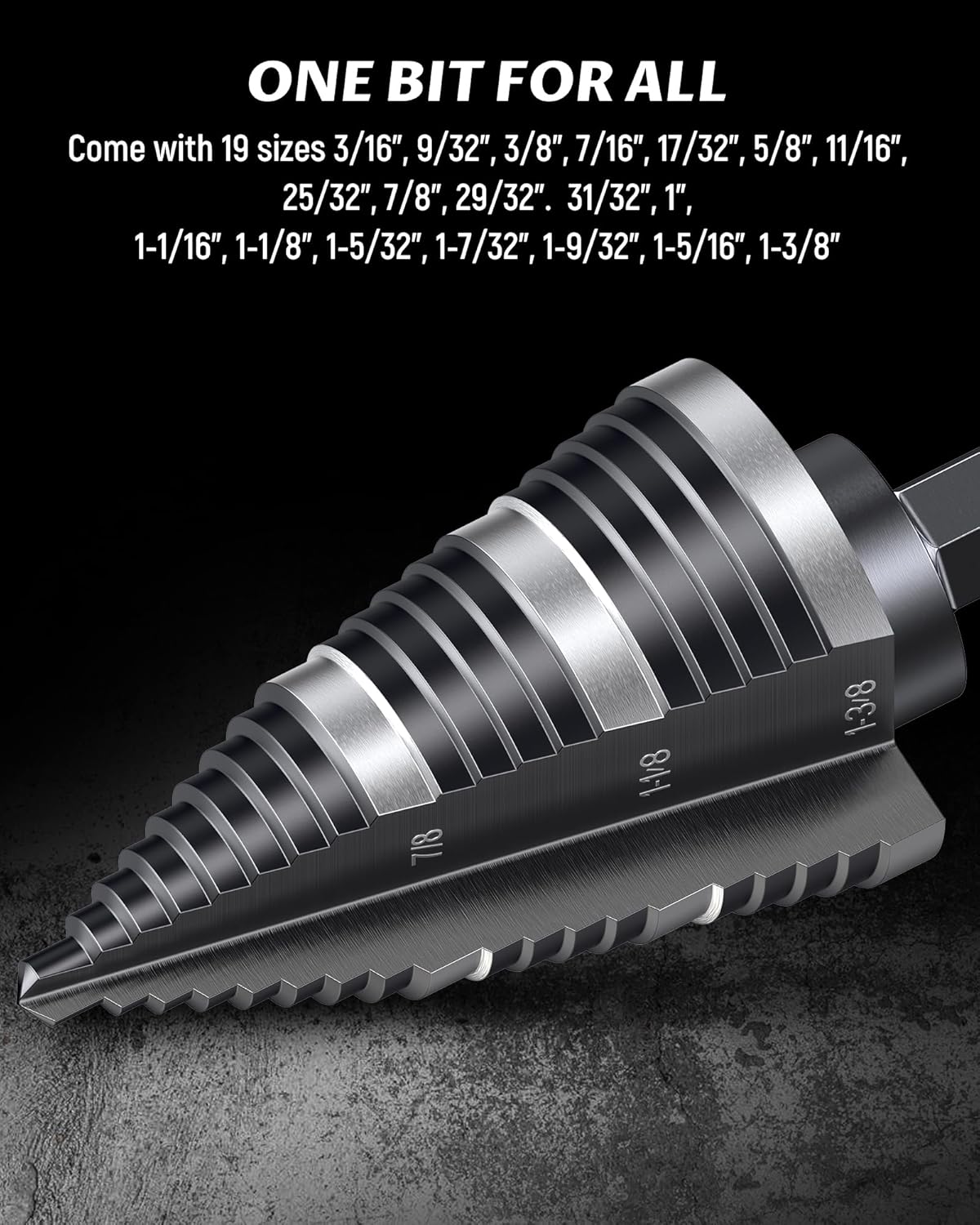 LICHAMP Double Fluted Step Drill Bit for Cutting Metal Hole 19 Sizes from 3/16 to 1-3/8 inch, Genuine High Speed Steel