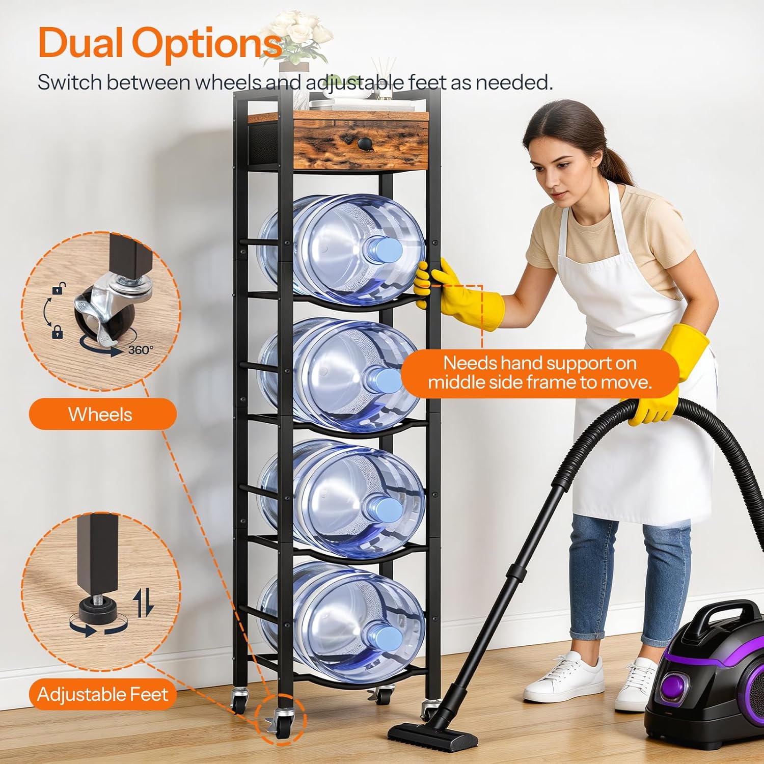 HOOBRO 5-Gallon Water Jug Holder, Water Bottle Holder with Wheels, 4-Tier Water Cooler Storage Rack with Drawer, Water Dispenser Stand, for Kitchen, Office, Rustic Brown and Black BF10ST01