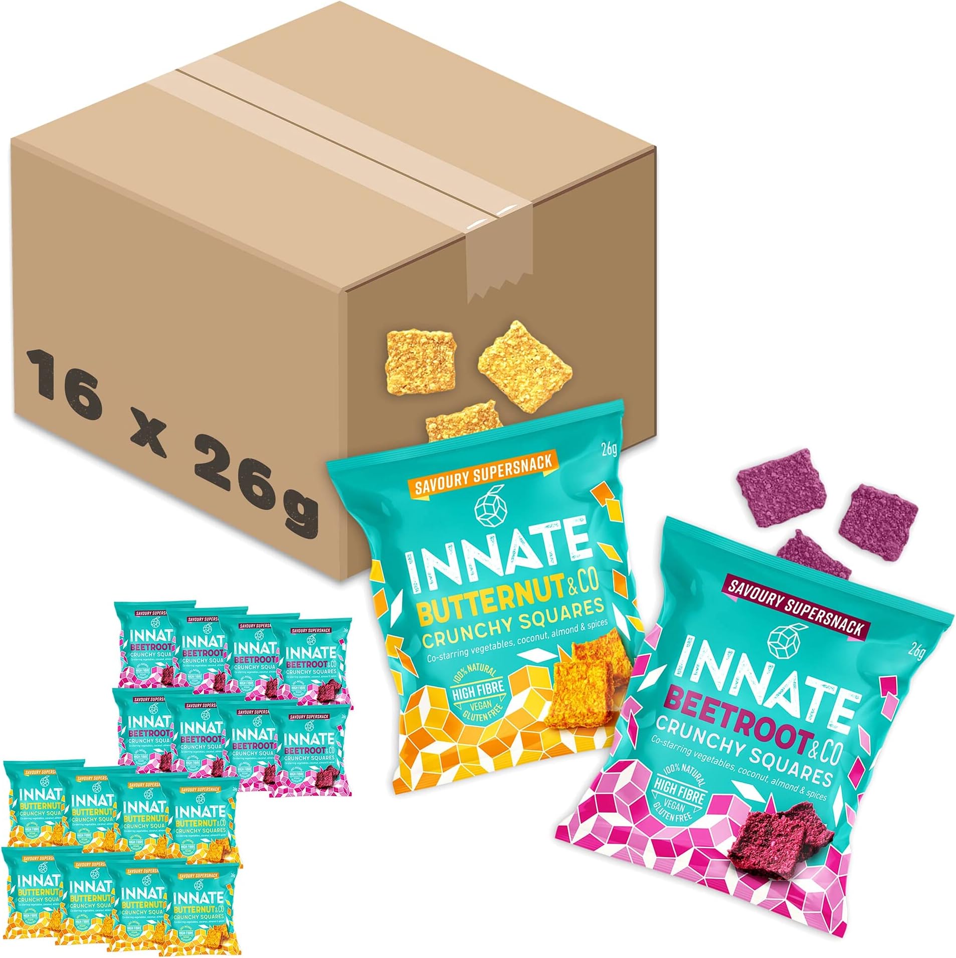 Innate Food: Beetroot & Butternut Squares | 8 x Beetroot, 8 x Butternut | 100% Natural | 100% Vegan | High in Fibre | Gluten, Dairy & Grain Free | Handmade in The UK | 16 x 26g Packs