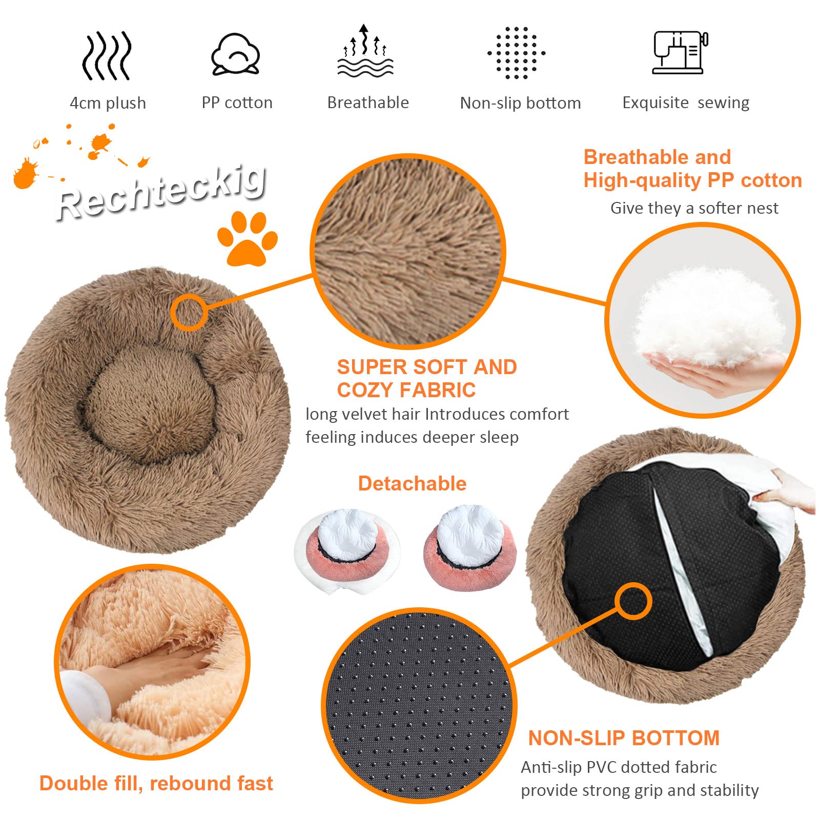 Cuccia Gatto Cane Interno Morbida, Sfoderabile Animale Domestico Cuscino Peluche Donut Antiscivolo Lavabile Interno ​Letto Peluche Ultra-Morbido- Khaki|| Ø60/24in(M)
