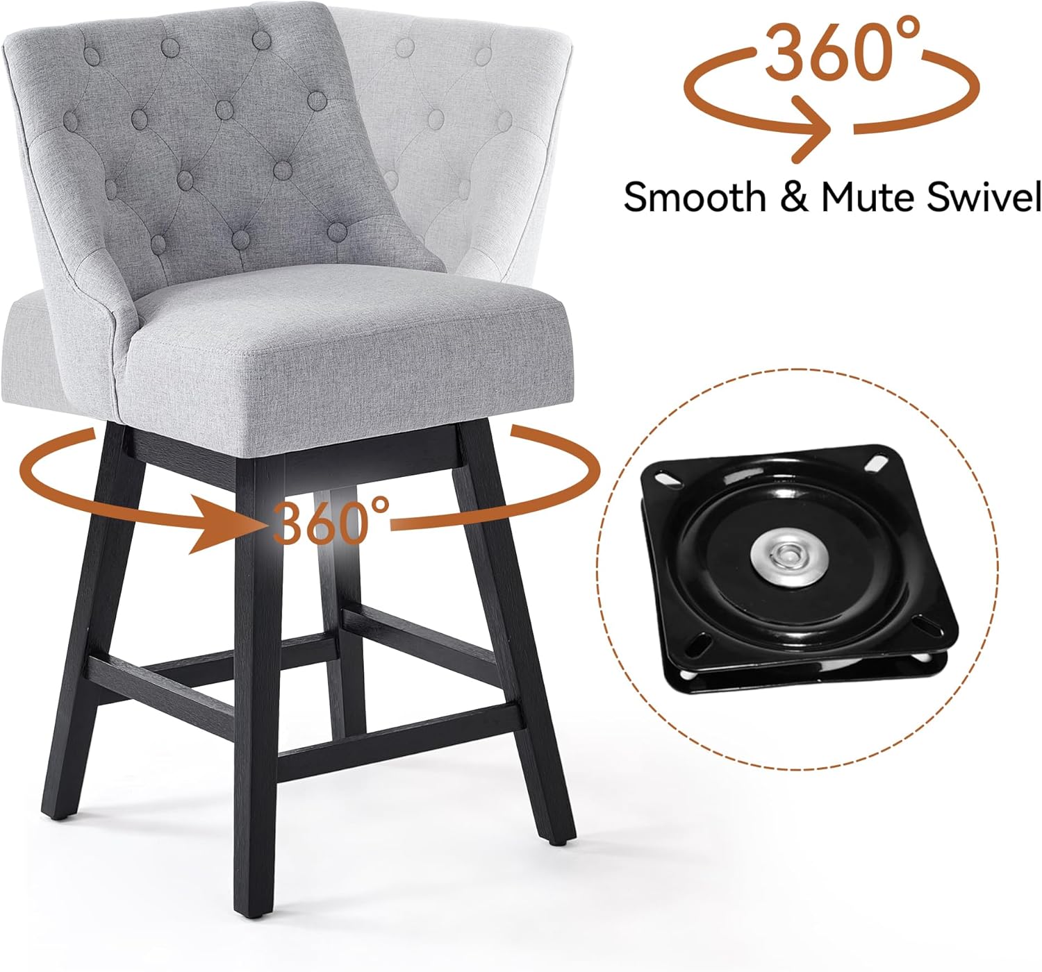 Vipbear Swivel Counter Height Bar Stools Set of 3, 26 inch Upholstered Linen Fabric Modern Bar Chairs with Backs and Wood Legs for Kitchen Island, Dining Room, Light Grey