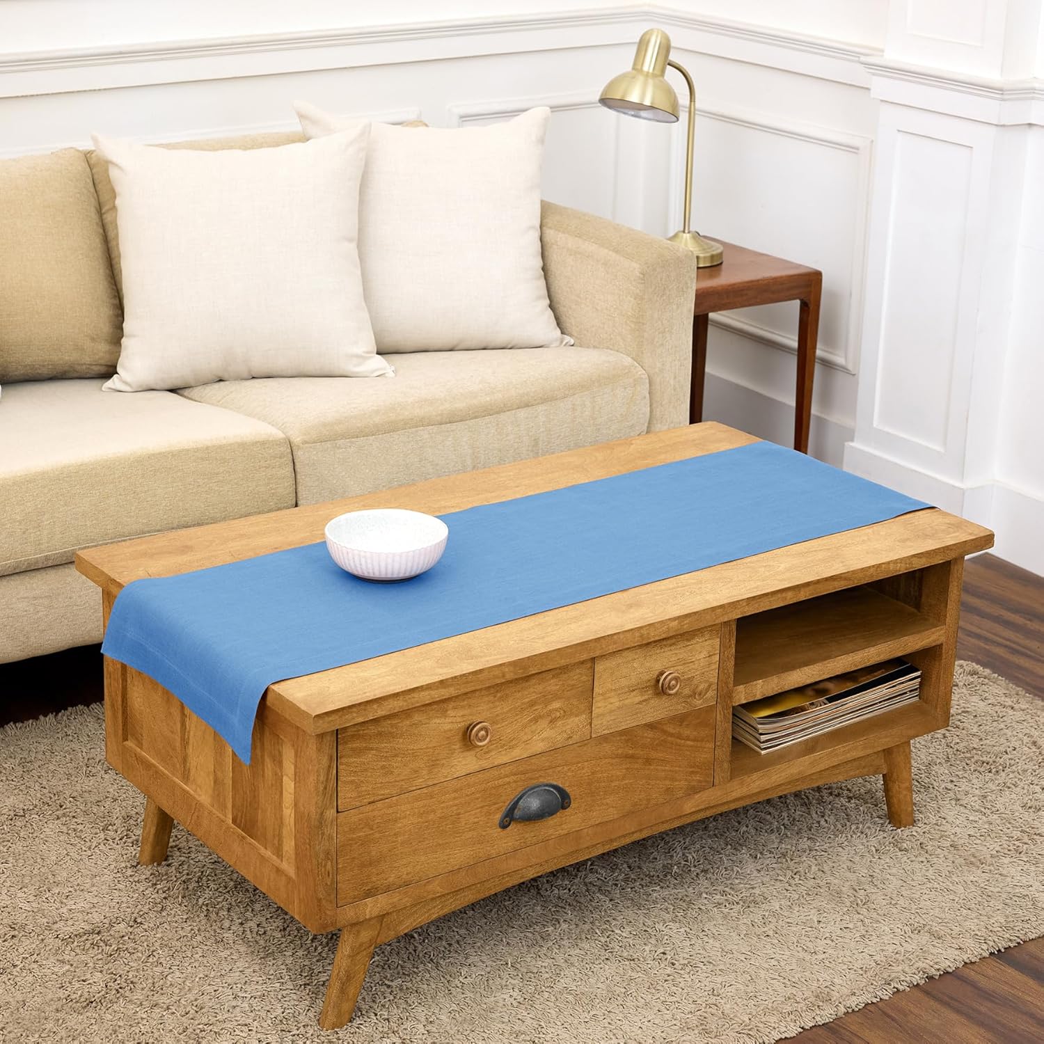 Solino Home Linen Table Runner 60 Inches - 100% Pure Linen Provence Blue Table Runner 14 x 60 Inch Ideal for Dresser and Coffee Tables - Fete - Spring, Summer, Mothers Day