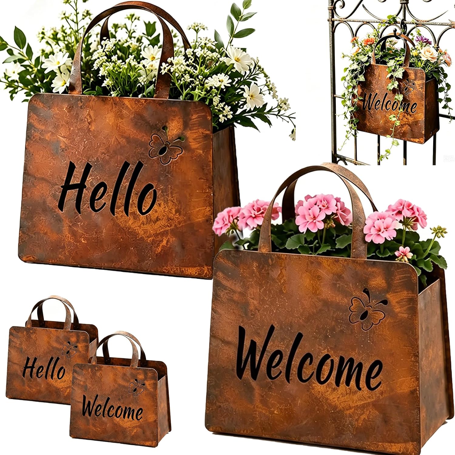 Rustic Metal Handbag Planter Decor, Classical Welcome Planter for Front Porch, Double-Sided Hello Welcome Purse Planters, Wall Mount Farmhouse Planters for Outdoor Plants Garden Patio Yard Art,2PCS
