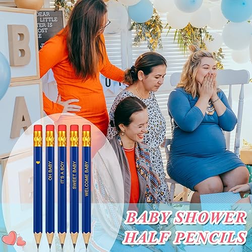 Miniatura 3 de Crtiin 50 lápices de baby shower para actividades, mini golf, medio lápices, preafilados con borradores, 4 pulgadas (azul marino, estilo niño)