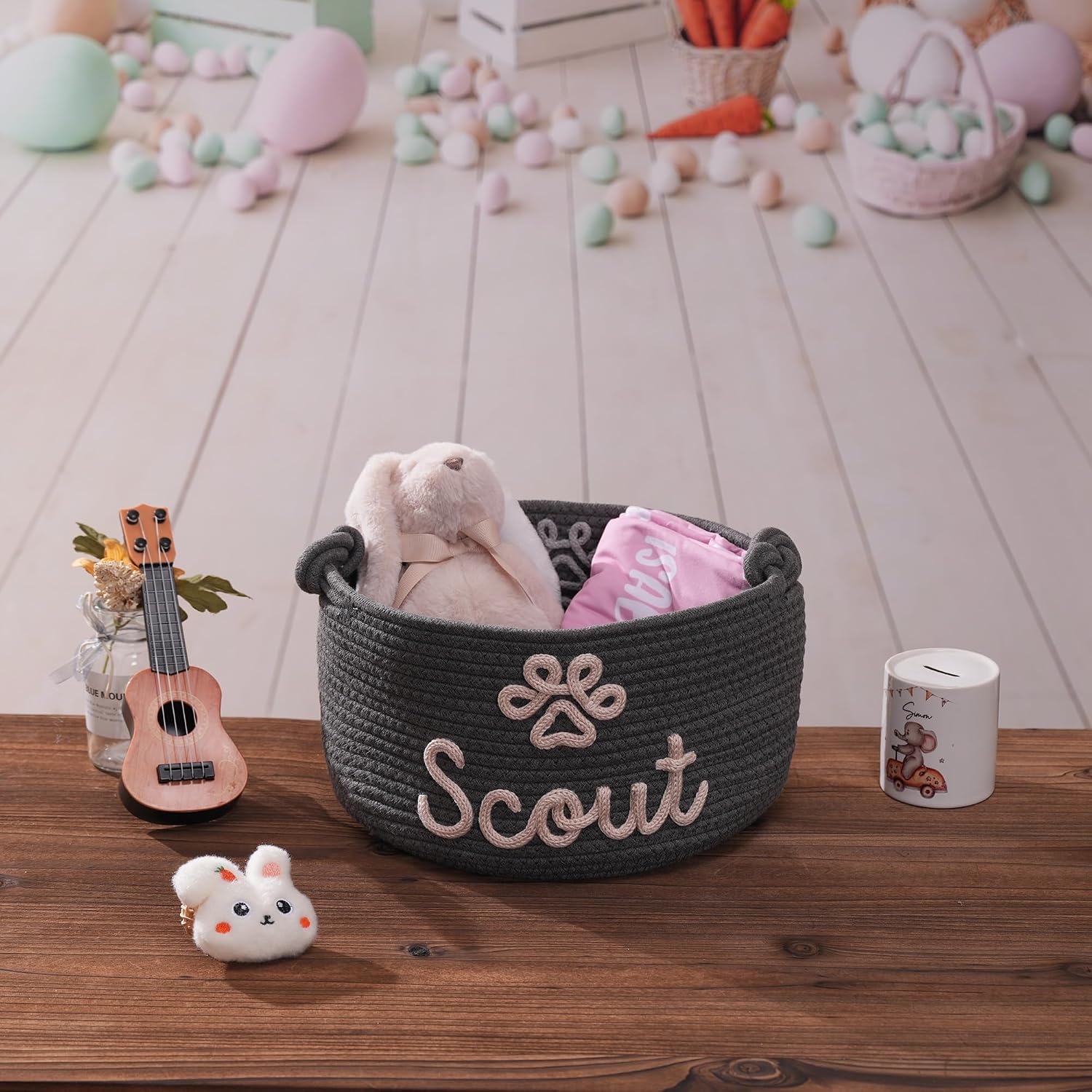 JUOOE Personalized Cotton Rope Baby Gift Basket, Nursery Storage Organizer, Baby Shower Basket with Custom Name (Black Dog Toy)