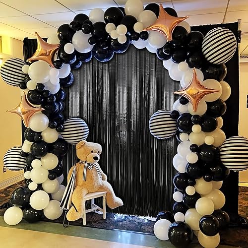 Miniatura 9 de Crosize Paquete de 4 cortinas de fondo de flecos de papel de aluminio negro de 3.3 x 9.9 pies, cortinas de fondo de serpentina, decoraciones de