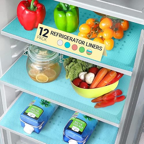 Linda's Essentials - Revestimientos para refrigerador para estantes (paquete de 12) - Forro para refrigerador fácil de limpiar con protección contra