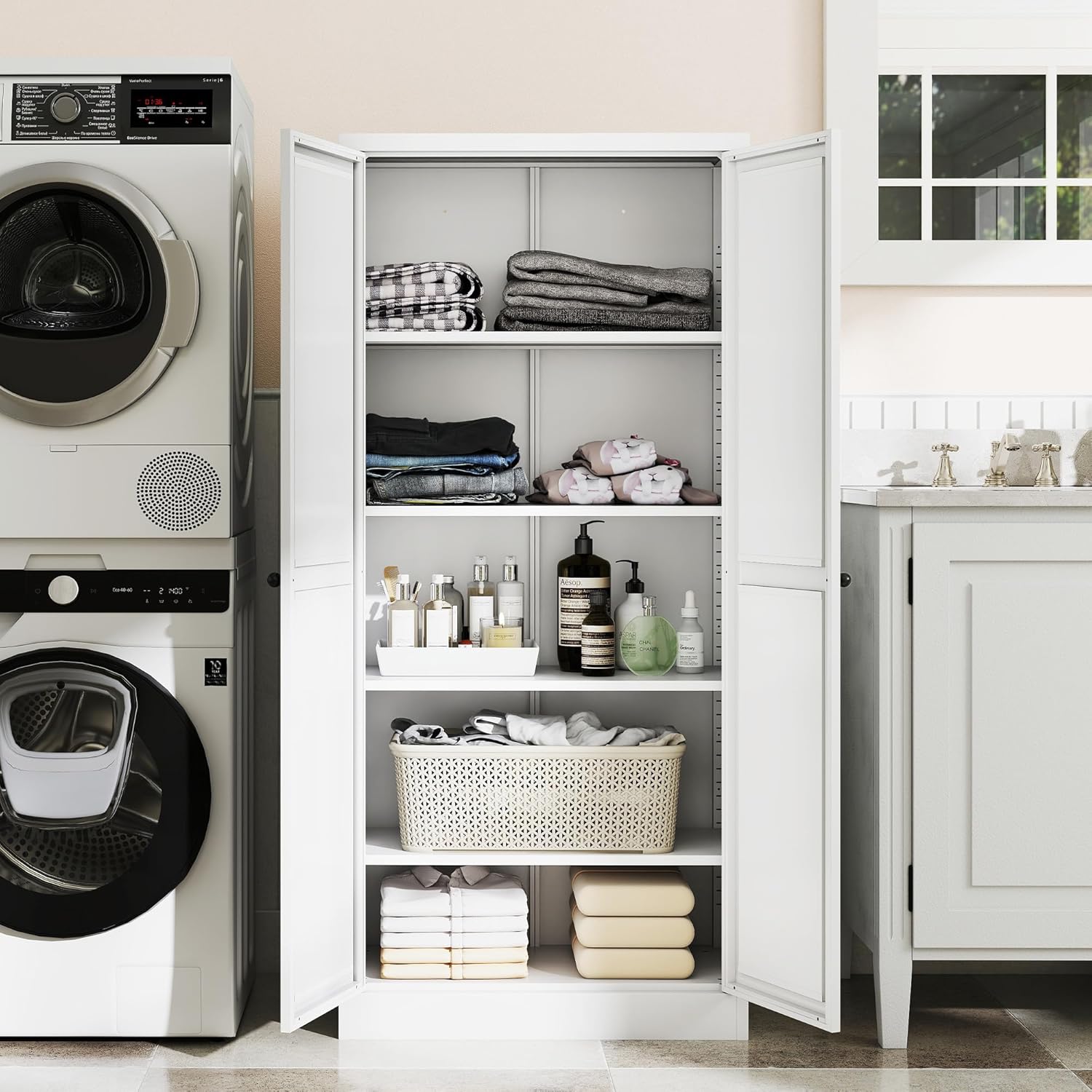 5-Tier White Steel Pantry Storage Cabinet with 2 Doors & 5 Adjustable Shelves, Tall Metal Locker for Kitchen, Living Room, Garage, Heavy Duty Freestanding Utility Cabinet, Assembly Require