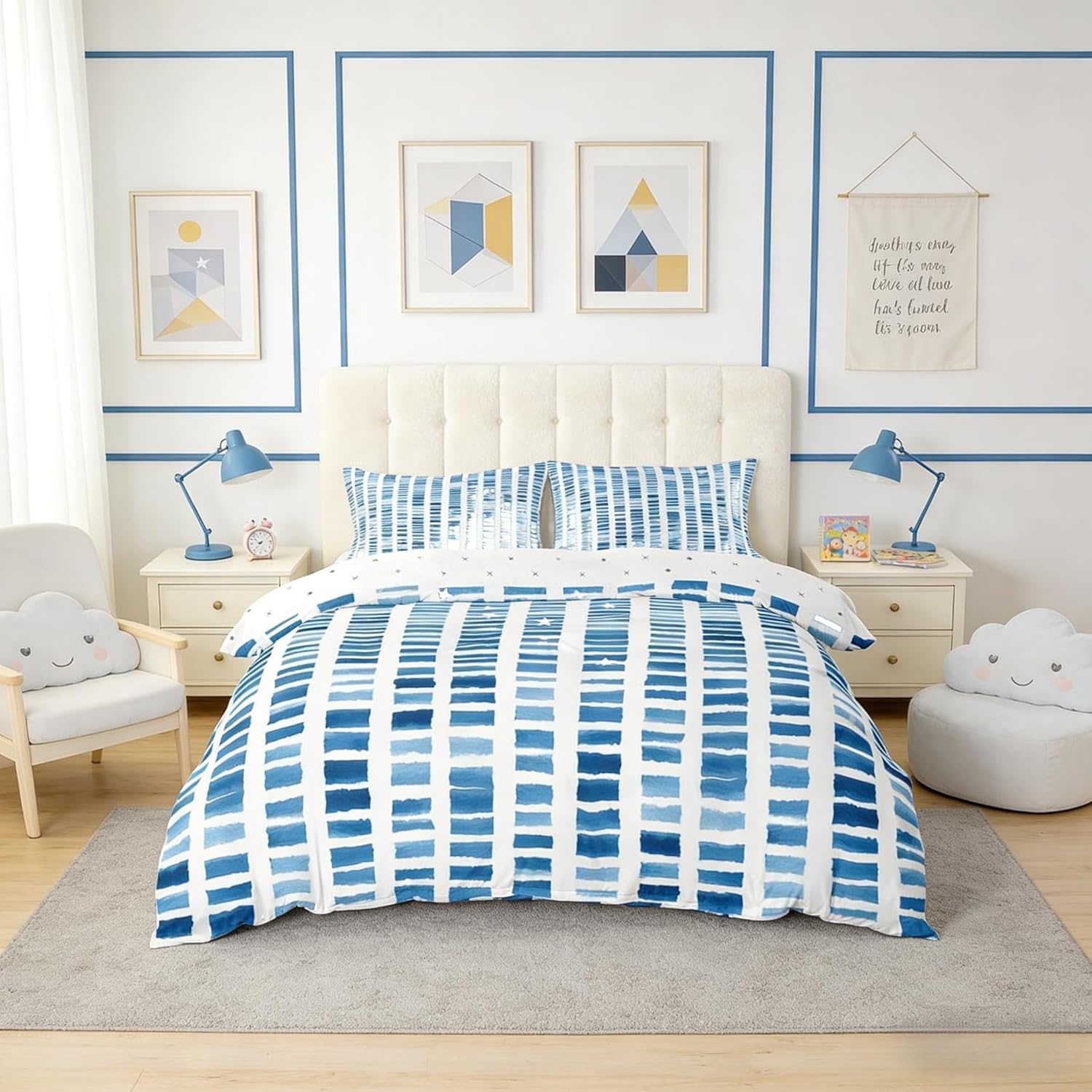 Abstract Square Grid Kids Duvet Cover Set King Size,Geometric Checker Patchwork Girls Boys Bedding Set,Plaid Lattice Simple Room Decor,Blue Quilt Cover,2 Pillowcases(No Comforter)