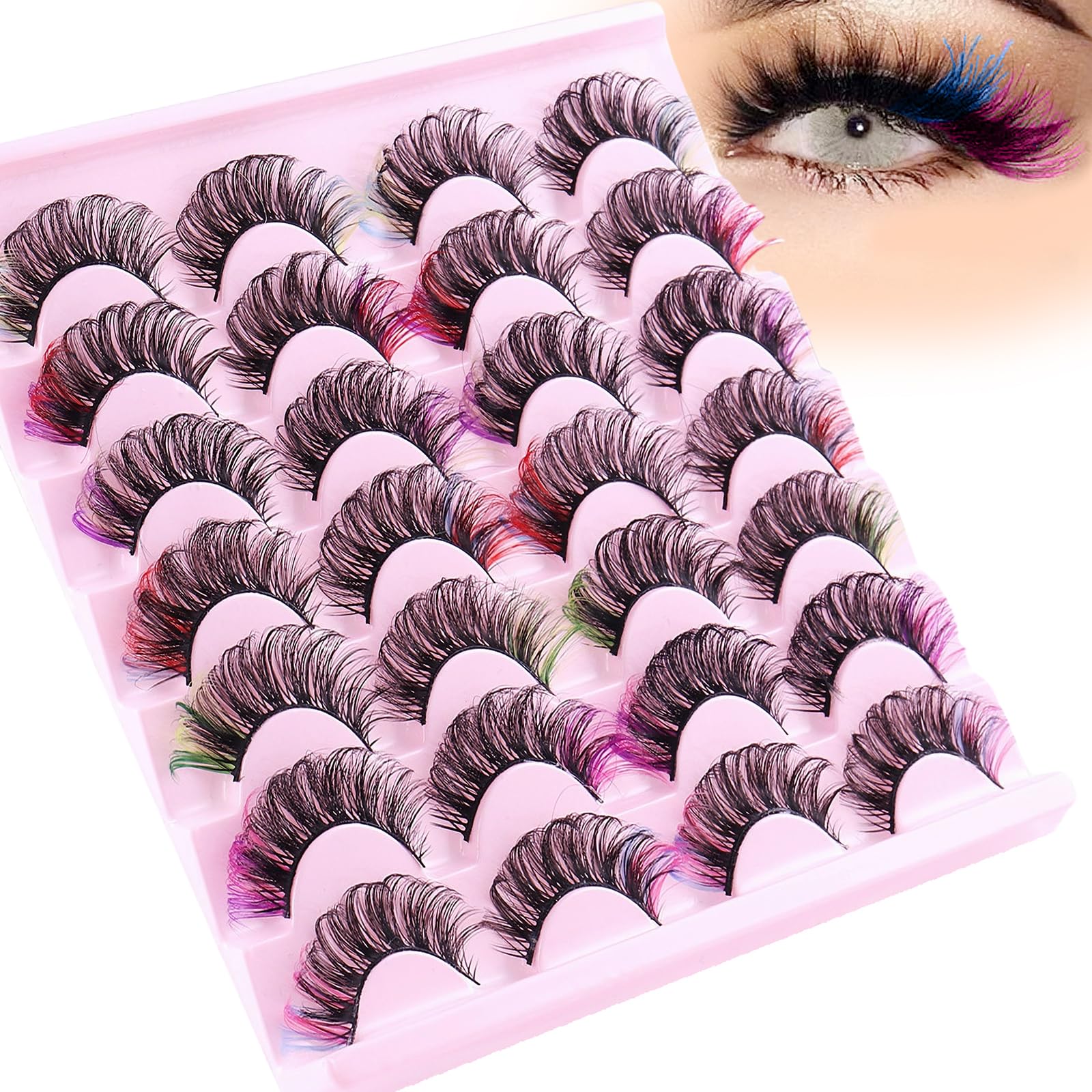 Farbige Wimpern, flauschige Nerz-Wimpern mit Farbe am Ende, dramatische, lange, dicke, bunte Wimpern-Cluster, voll gelockte falsche Wimpern, Katzen-, Fuchs-Wimpern, 3D-Curl-Salon-Verlängerungsstreifen