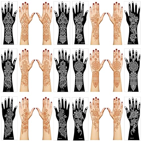 Kit de plantillas de tatuaje de henna, 12 hojas de calcomanías para tatuaje de henna, mano, antebrazo, brillantina, aerógrafo, plantilla de tatuaje,