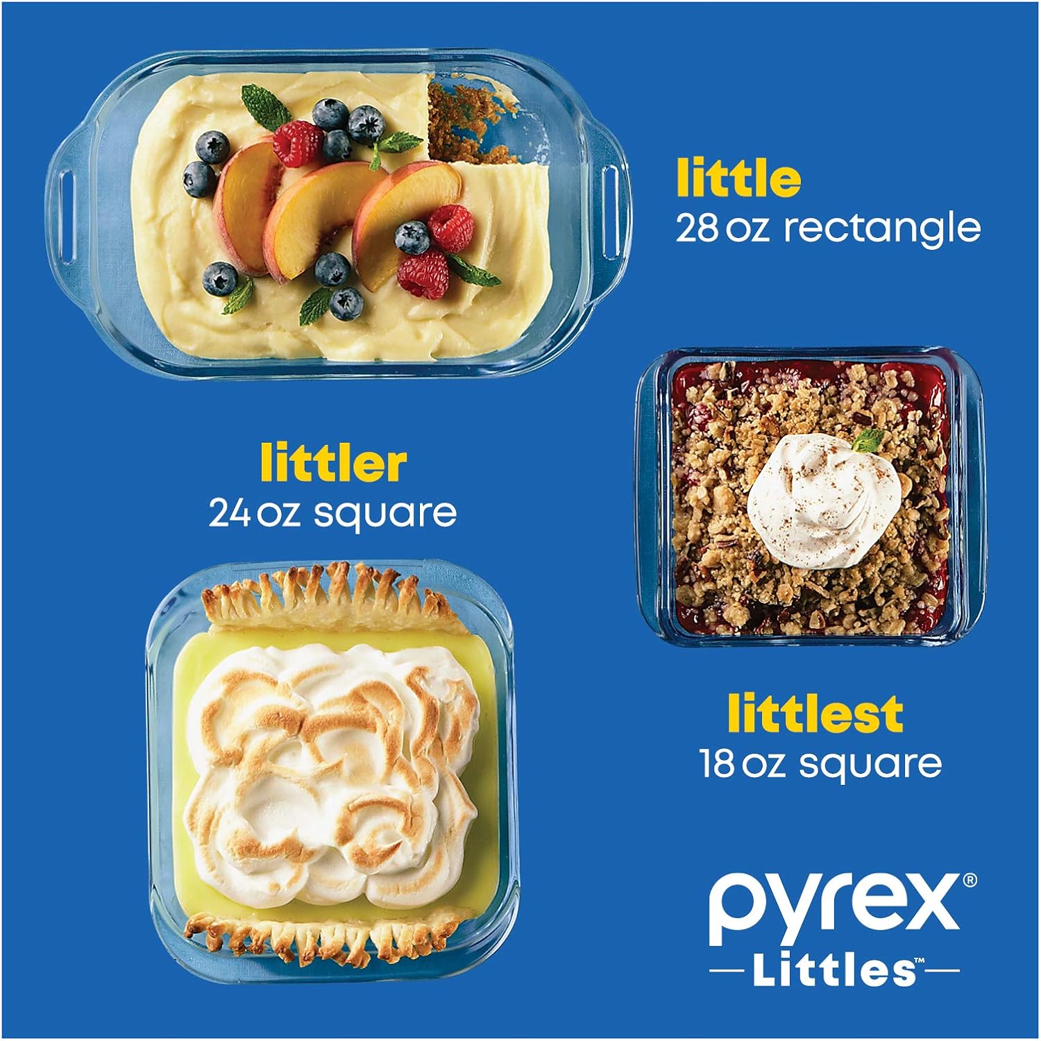Pyrex Littles 6-Piece Toaster Oven Cookware, 18-Oz, 24-Oz, and 28-Oz Tempered Glass Bakeware Set, Dishwasher, Microwave, Pre-heated Oven and Freezer Safe