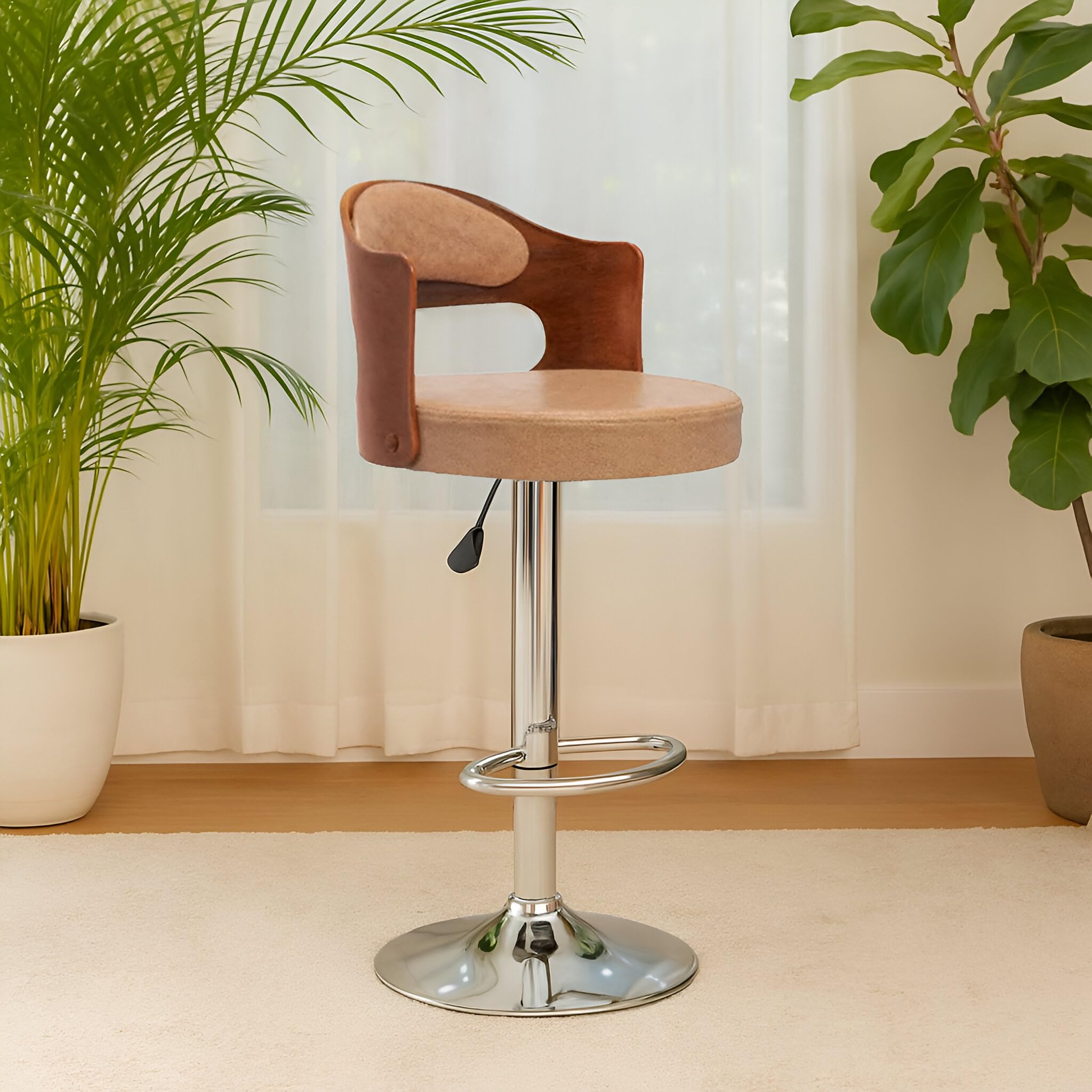 NITYAM Seating Bar Stool Chair for Kitchen| Office| Home| Bar| Restaurant | Shop | Counter, Round Shape Cushion with Backrest, Adjustable Height, Chrome Base, 360° Swivel (Color-Beige)-image-25