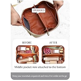 Large Capacity Travel Cosmetic Bag - PU Leather Makeup Organizer Bag Portable Woven Makeup Bags for Women Waterproof Travel Toiletry Bag with Divider Pouch, Khaki