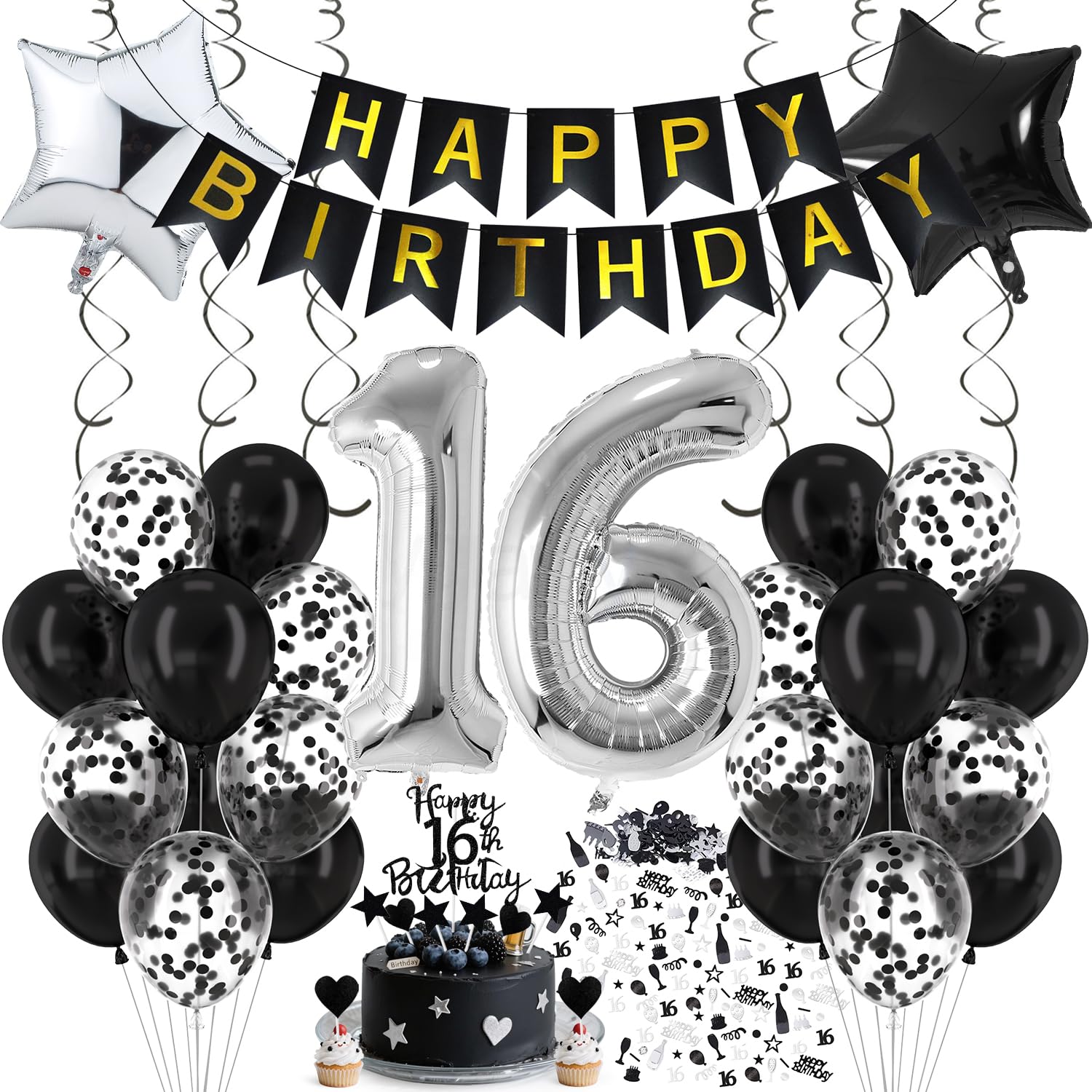 Cadimus Luftballon 16. Geburtstag Schwarz Silber, Deko 16. Geburtstag, Luftballon 16, Black and White Party Deko, Luftballons Schwarz Silber, Geburtstagsdeko für 16 Jahre Junge und Mädchen