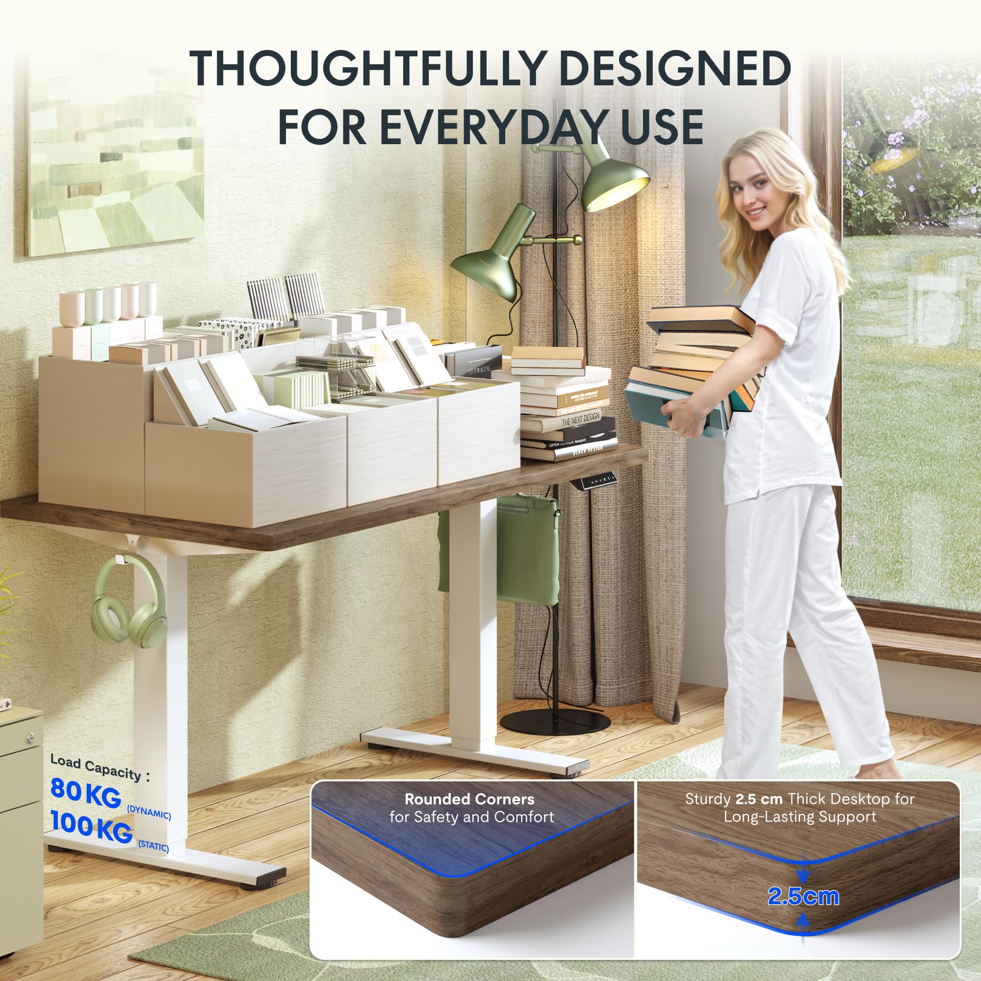 FLEXISPOT Escritorio Elevable Eléctrico con Tablero Acabado de Roble Hecho en UE,140×80cm,Altura Ajustable 71-120cm,Capacidad 80 kg,para Oficina,Trabajo Remoto,Hogar y Empresa,Roble Café + Negro