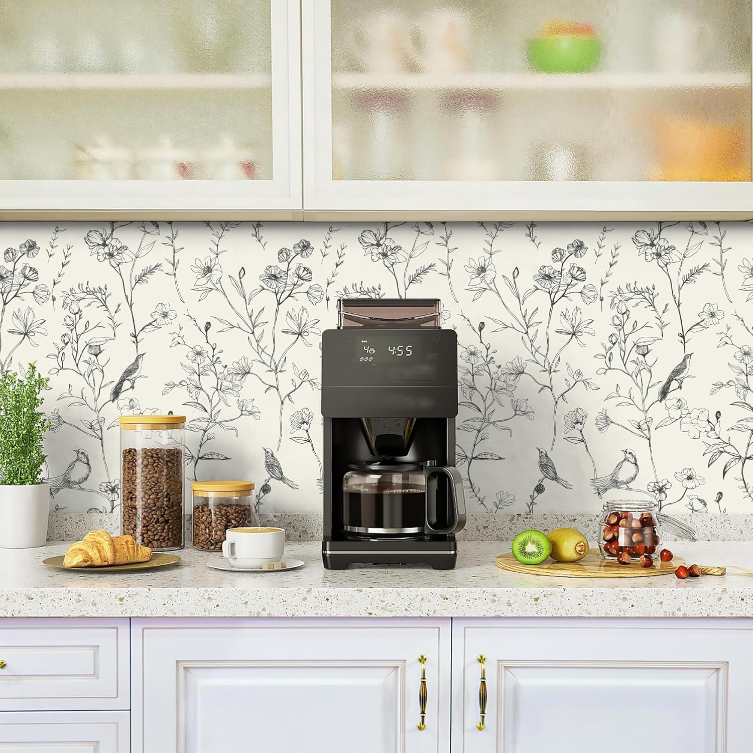 Peel and Stick Wallpaper Black and Beige Removable Wall Paper Vintage Bird Floral Self Adhesive Decorative Contact Paper Boho Wallpaper Leaf Covering Vinyl Roll 17.3" x393.7"