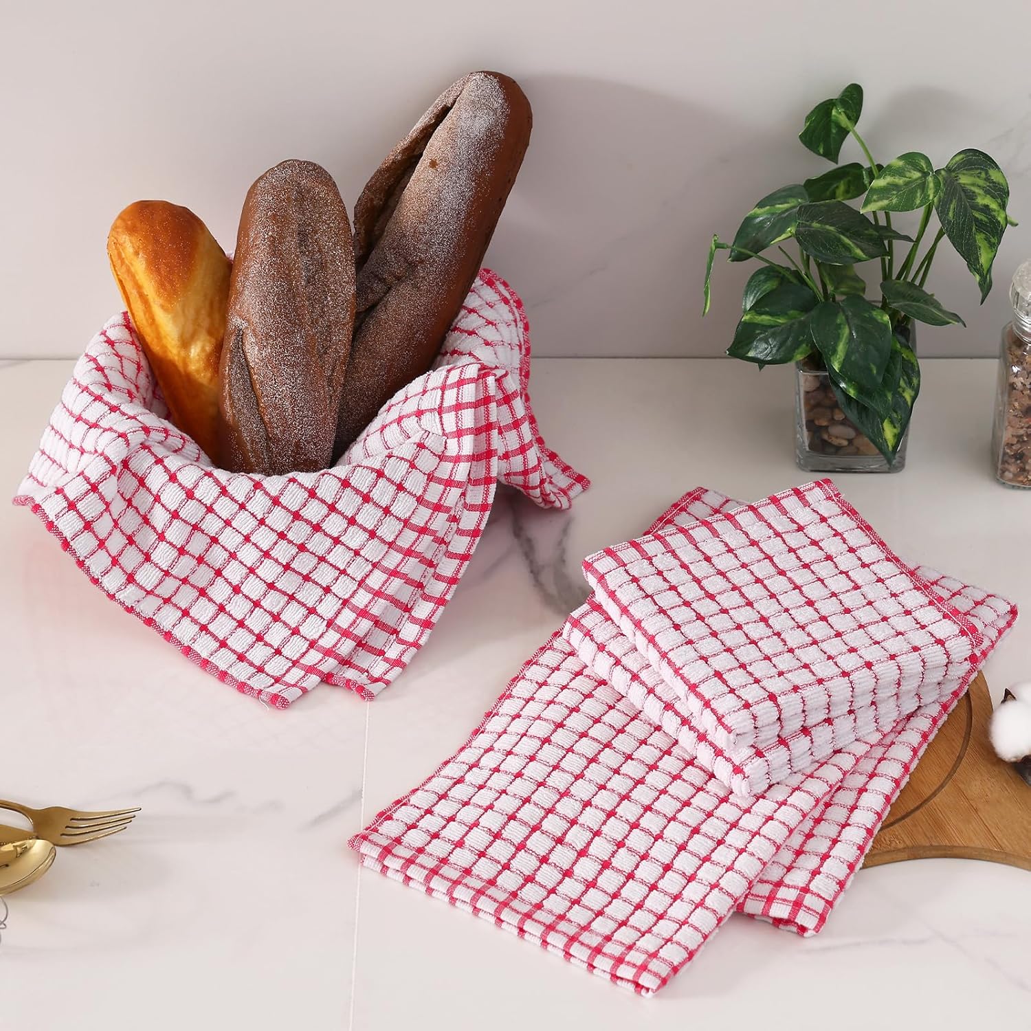 Homaxy Kitchen Towels and Dishcloths Set, 16 x 25 and 12 x 12 Inches, Set of 8 Cotton Terry Kitchen Dish Towels, Super Soft and Absorbent Dish Cloths, Red - Image 2