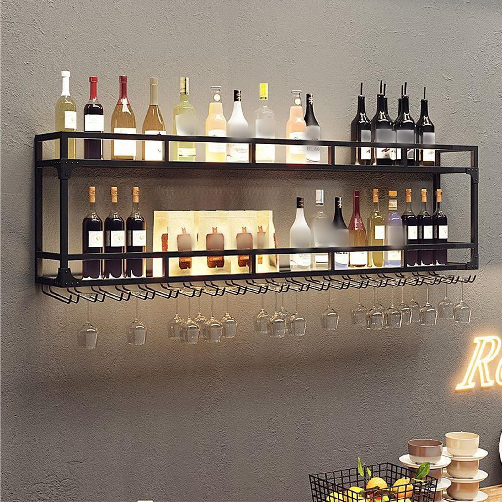 Ayharylh Black Modern Wine Storage Rack Wall Mounted With Led Light With Wine Glass Holder,Bar Unit Floating Shelves,With Wine Glass Holder Kitchen Storage Bar Shelves For Kitchen Dining Room Bar Decoration ( Color