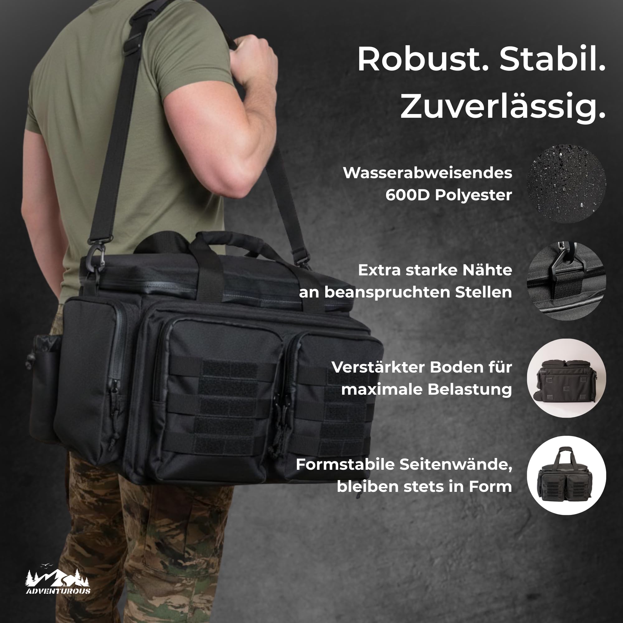 ADVENTUROUS Range Bag [Mehrfachschutz für Dein Equipment durch FortiLock-System] Waffentasche Kurzwaffen | Einsatztasche | Pistolentasche | Ideal für Schießsport