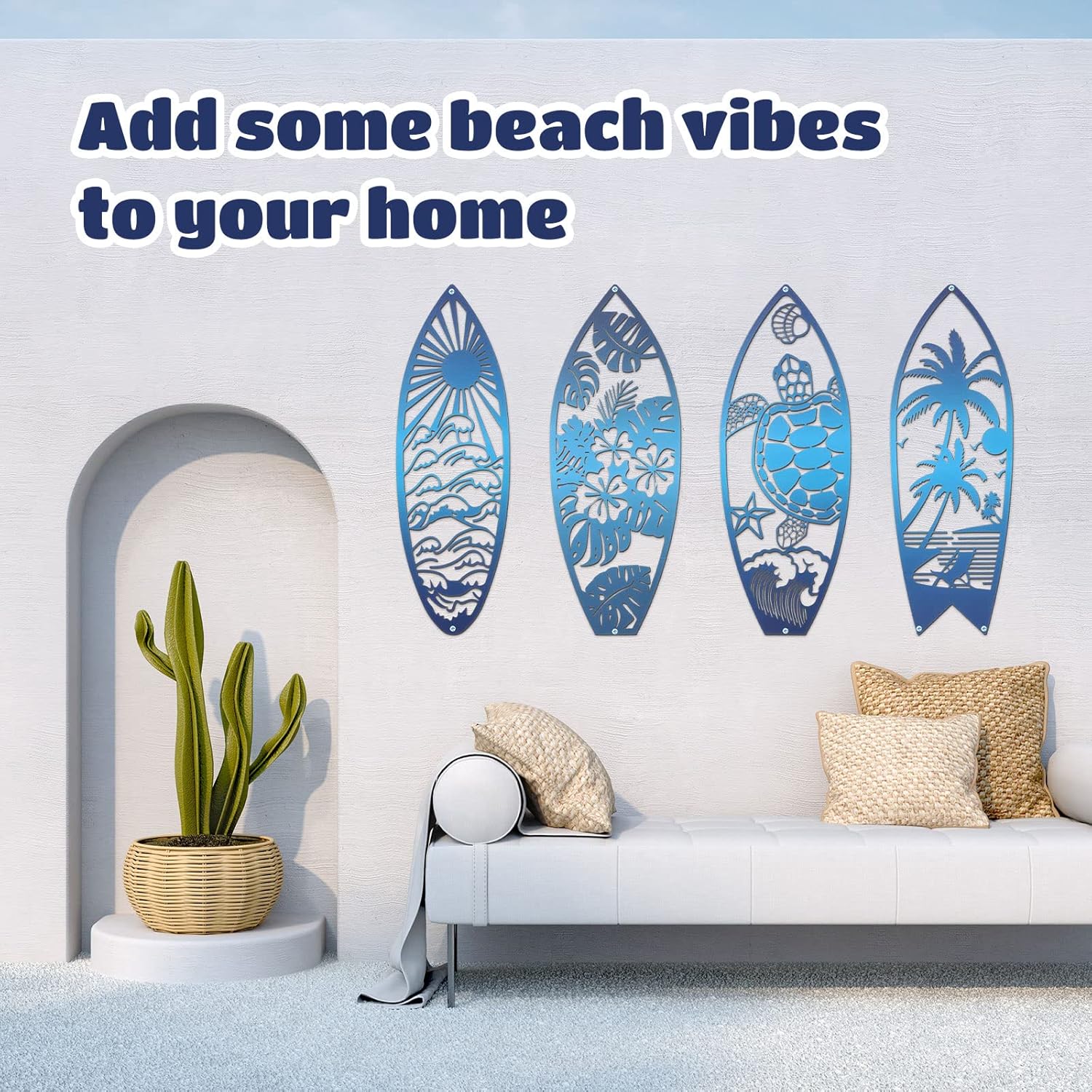 Therwen 4 Pcs Metal Surf Board Wall Decor Summer Tropical Metal Surfboard Beach Signs Tropical Palm Tree Art Turtle Decoration Summer Wall Decor for Door(Blue)