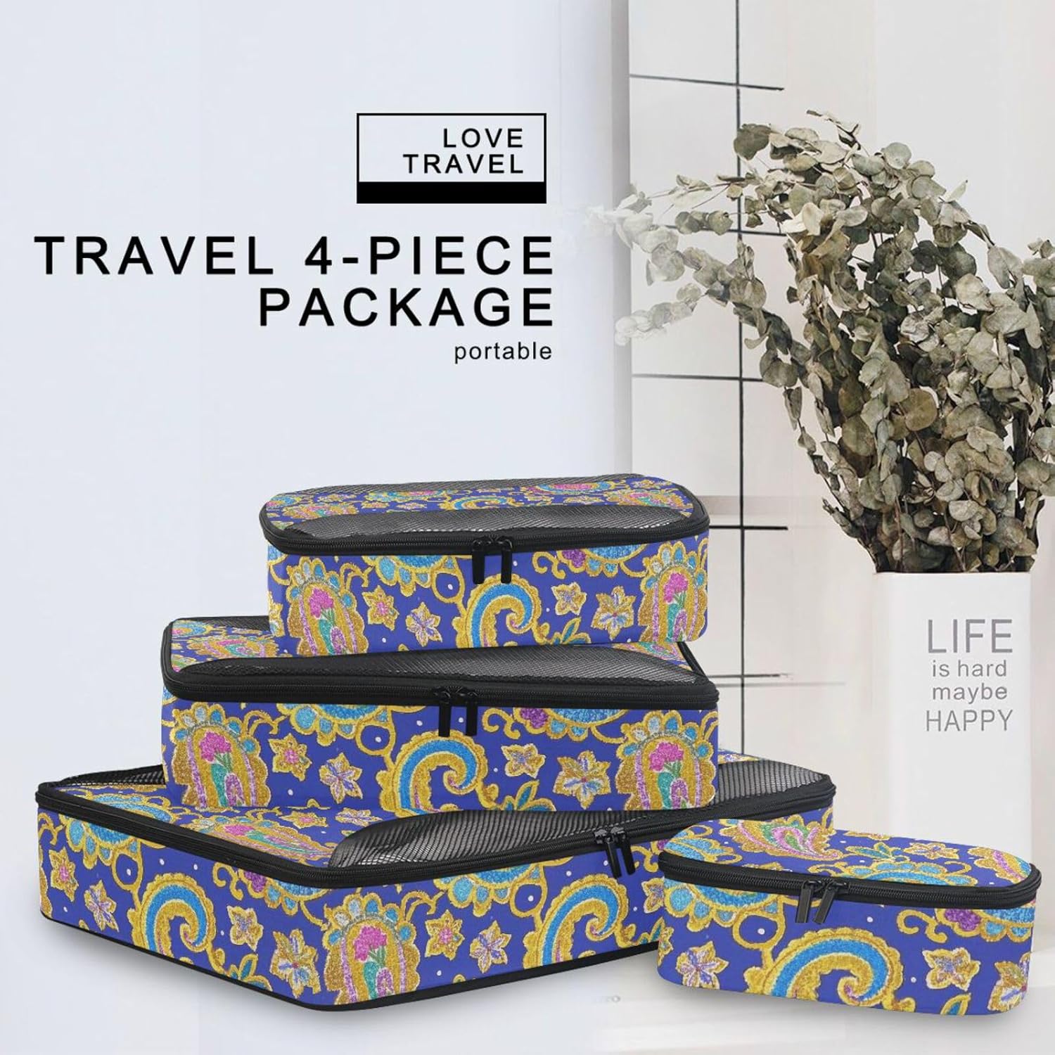 Elegant Pasley Floral Blue Gold Colorful 4 Pcs set organizers for travel Mesh Travel Essentials lightweight packing cube set
