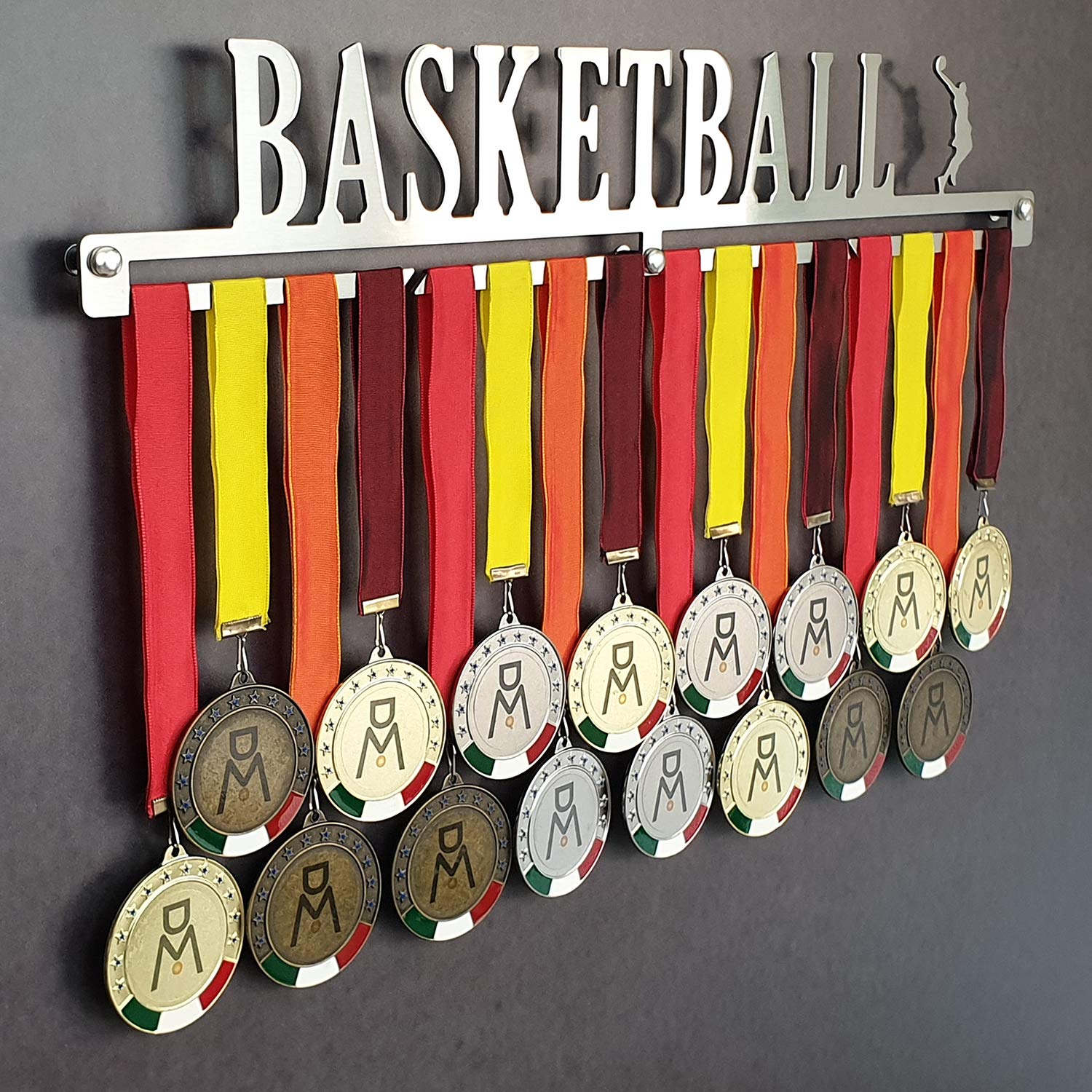 MEDALdisplay Basketball - Medaillen Aufhänger - Wandhalterung für Sportmedaillen Basket-Ball, Basket - Medaillenhalter - Sport Medal Hanger - Gebürsteter Edelstahl - 100% Made in Italy