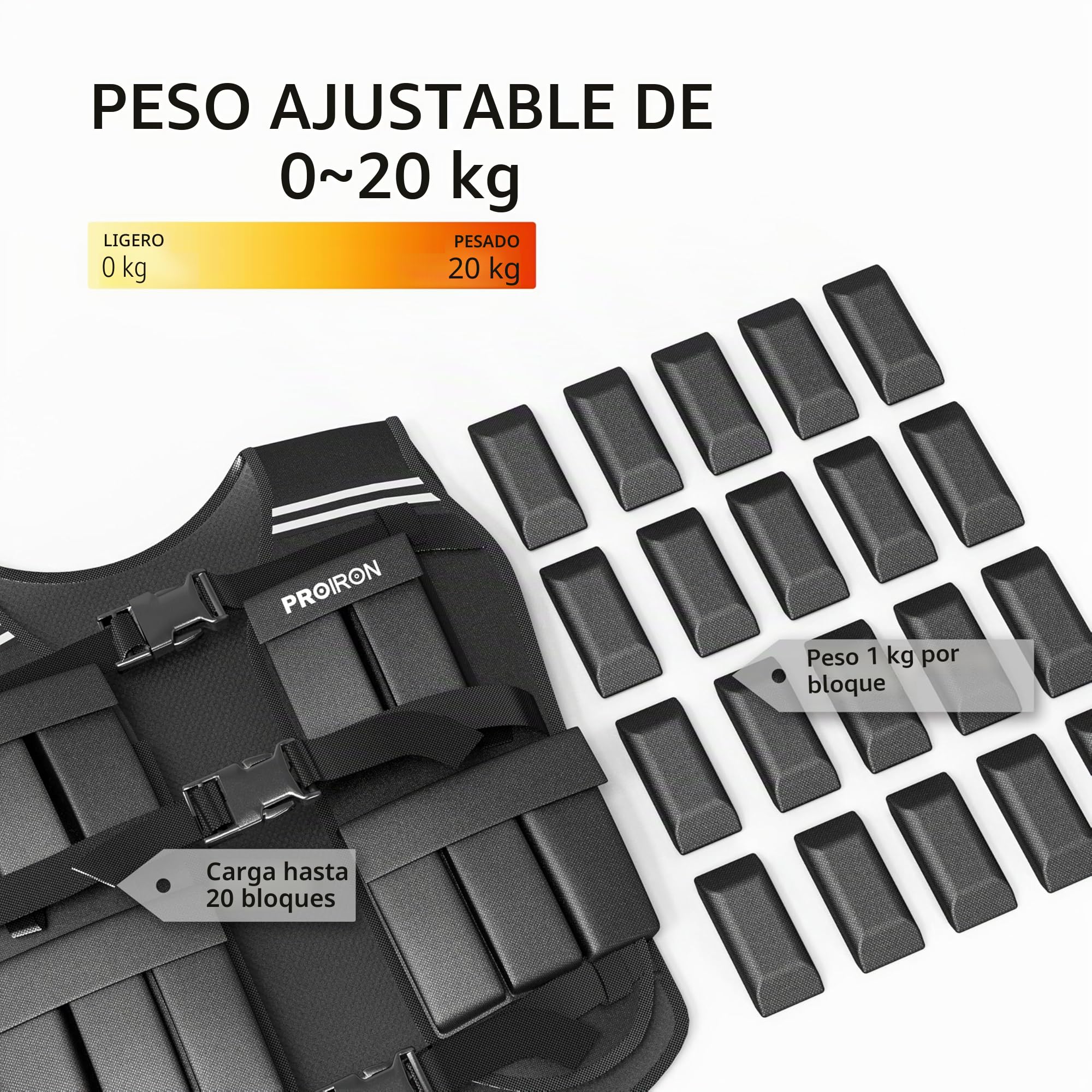 PROIRON Chaleco Lastrado 10/20kg, Incluido 20 Paquetes de Peso, Lastre Ajustable, Chaleco con Peso con Banda Reflectante para Entrenamiento de Fuerza, Jogging, casa, Gimnasio, Cardio, Crossfit