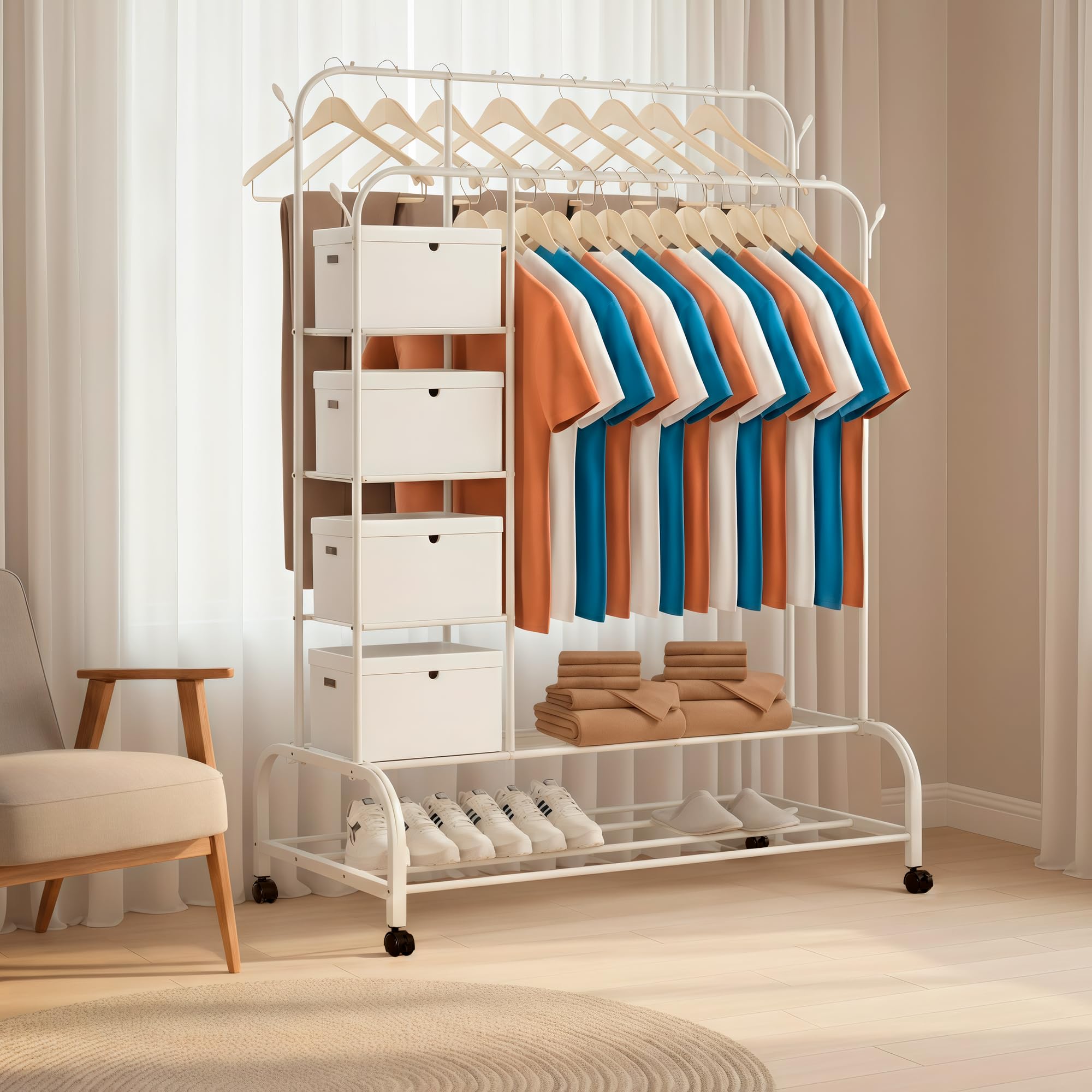 JUPPLIES Burro Ropa Resistente – Perchero Burro Doble con Soporte (Blanco, Con Ruedas y Estantes) — view 7