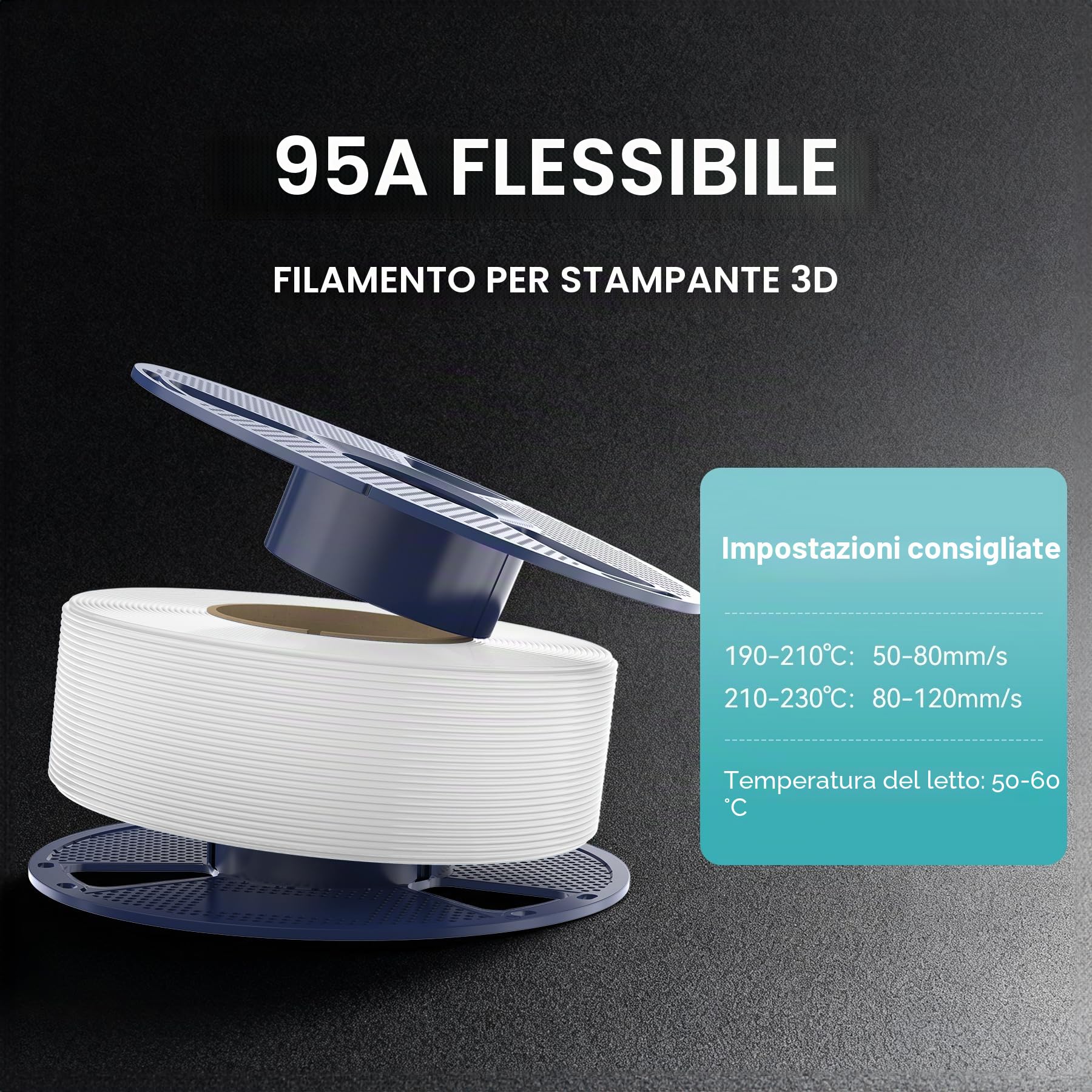 SUNLU 2KG TPU Stampa Filamento 3D 1.75mm,TPU 95A di Qualità Industriale,Resistente all'usura, Flessibile, Elevata Elasticità, Facile Da Stampare, Precisione ±0,03mm,1KG, 2 Bobine Nero