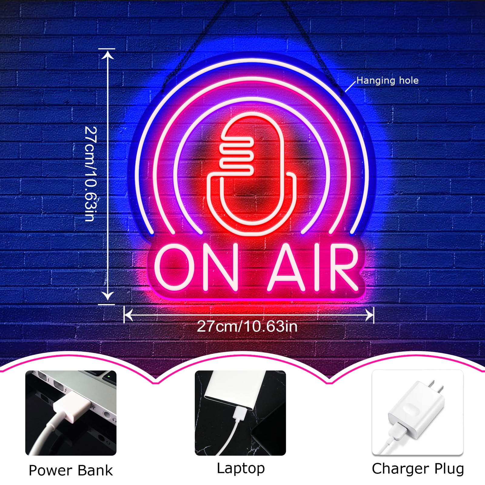 On Air Neon Zeichen LED Buchstaben Wanddekoration USB Stromversorgung Bar Club Tiktok Music Club Live Luft LED Licht Spielraum, Radio Raum (10,63 * 10,63 Zoll)