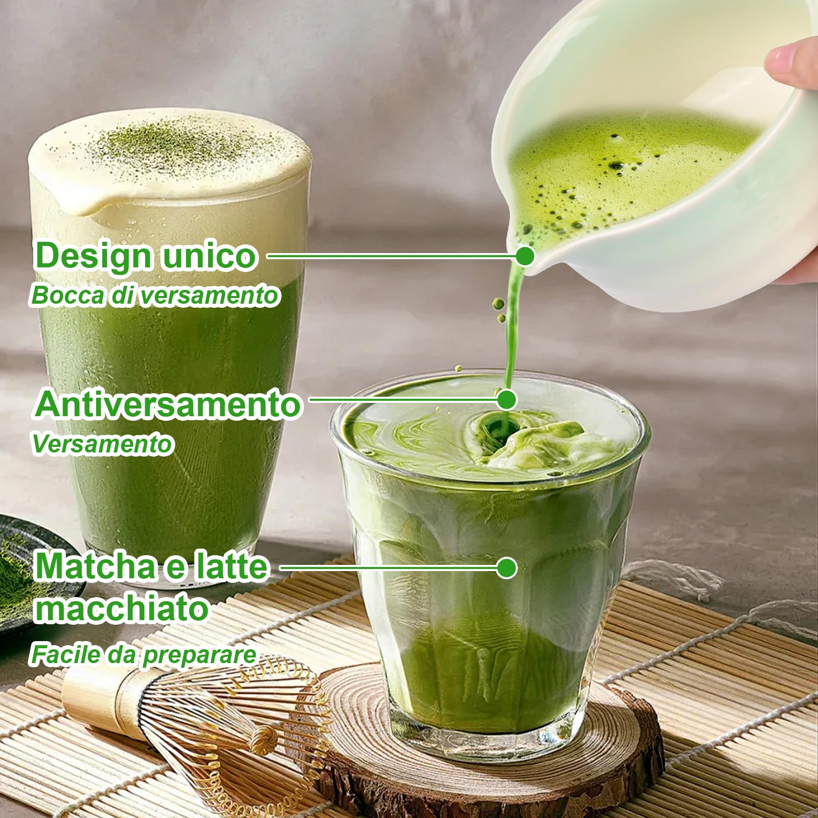 5 Set Matcha,Matcha Cerimoniale,Matcha set da tè matcha,con Frusta Matcha in bambù cucchiaio ciotola e supporto,regalo per gli amanti del matcha Verde a Gradiente