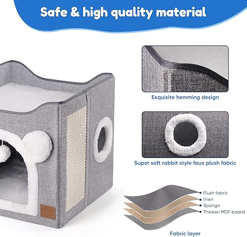 Miniatura 6 de CATISM Camas plegables para gatos de interior, casa grande para gatos con almohadilla para raspar y bola esponjosa para colgar, escondite de dos