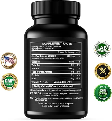 Miniatura 2 de Chlorella Cápsulas 3000 mg – Pared celular agrietada suplemento de algas verdes azules – La mejor limpieza natural de desintoxicación – Vitaminas