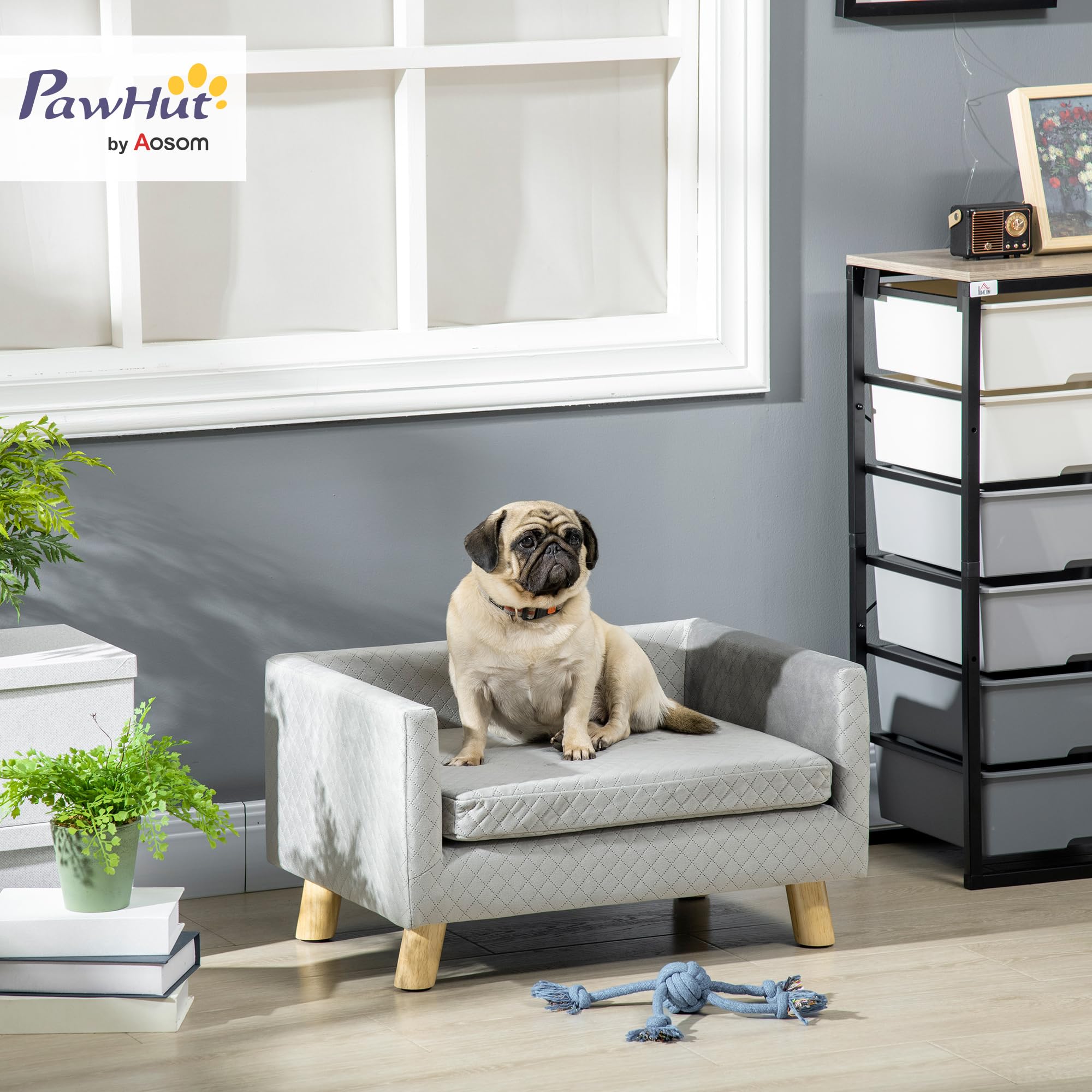 PawHut Sofá Cama para Perro diseño escandinavo cojín Suave Patas de Madera Maciza Dim. 64 x 45 x 36 cm Gris Terciopelo | Cojín suave, patas de madera maciza, terciopelo