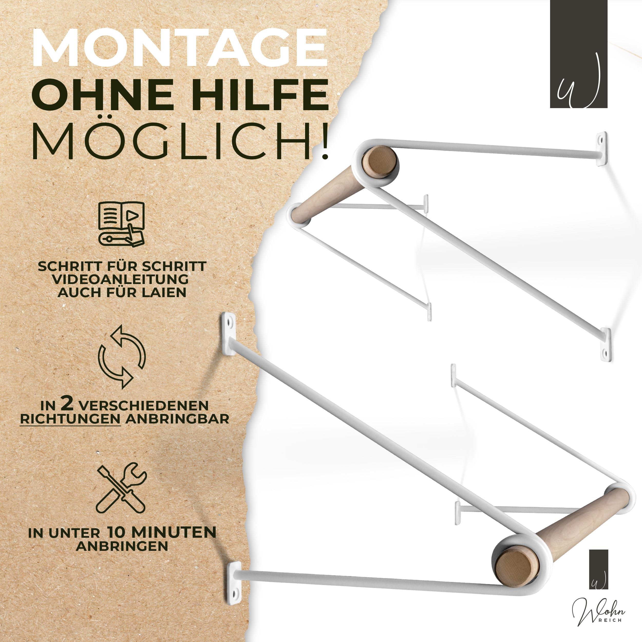Kleiderstange Wandmontage [Verschiedene Längen & Farben] Länge 110cm Weiß | Wand-Garderobe Holz & Metall | Kleiderständer & Garderobenleiste | Flur Möbel im Industrial Stil | Deutsche Buche