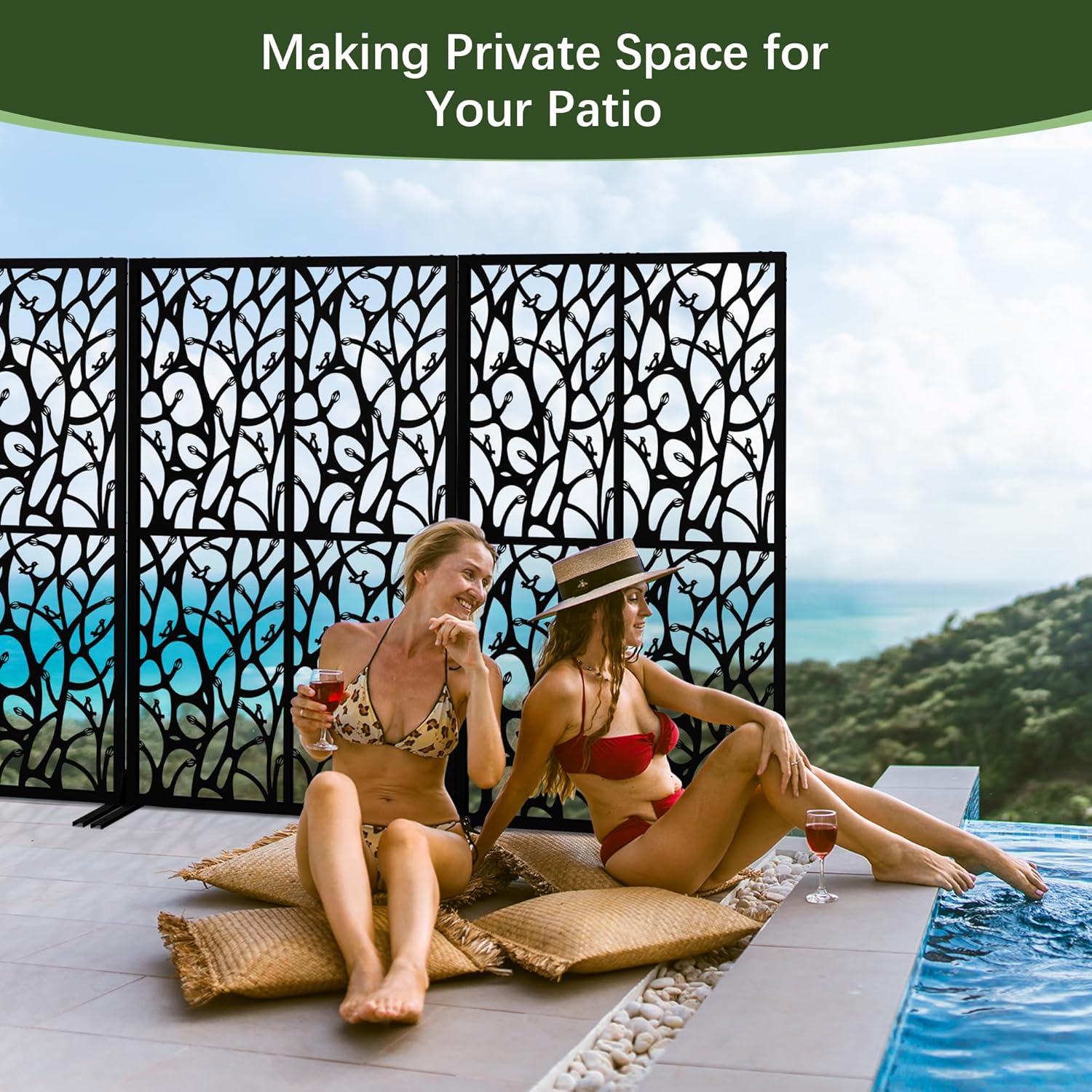 Metal Privacy Screen Outdoor W3.8Ft x H 6Ft Patio Privacy Panels Free Standing Divider Decorative for Balcony Garden Room Lawn Deck (1, Black Bird)