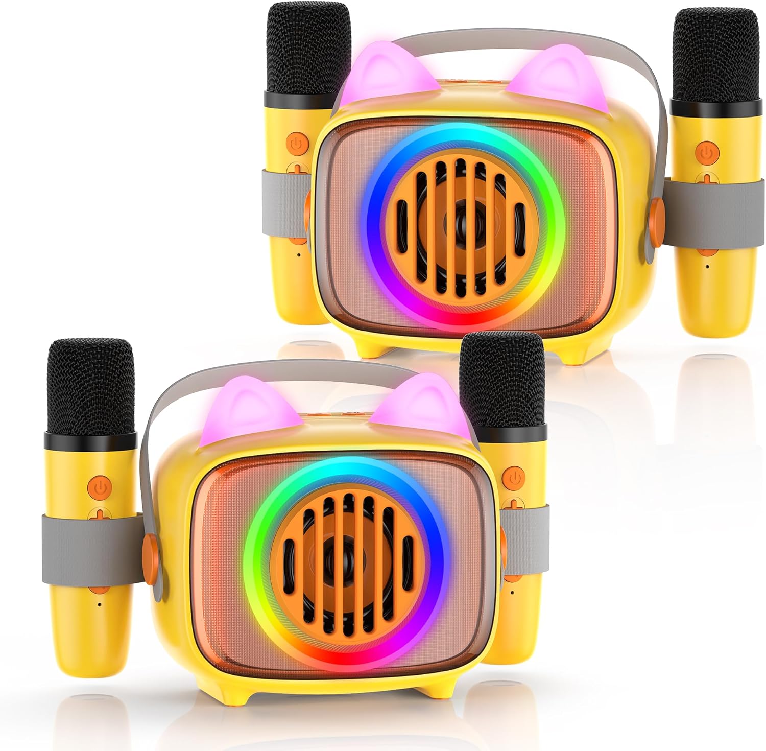 BIGASUO Karaoke Machine for Kids, Mini Portable Bluetooth Speaker with 2 Wireless Microphones and LED Lights, Kids Toys Ideal Gifts for Girls & Boys Birthday Home Party Yellow-2Pack
