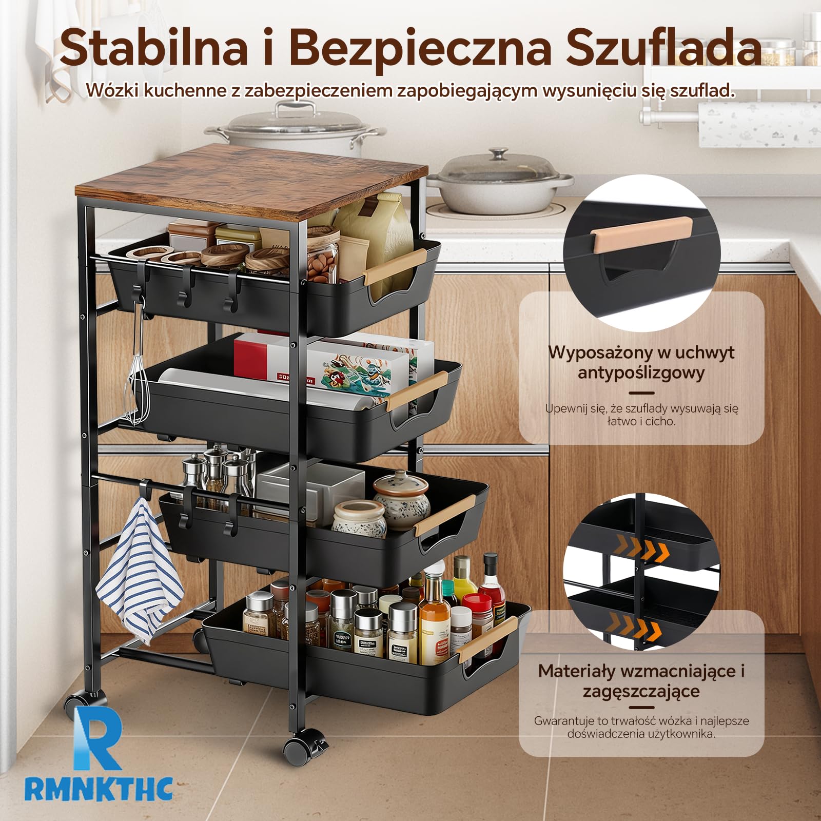Wózek kuchenny z 5 poziomami i 4 szufladami, kółka 360° z 2 hamulcami, z drewnianą płytą i wentylowanymi koszami, do przechowywania owoców, warzyw, kuchenki mikrofalowej w kuchni i salonie (32