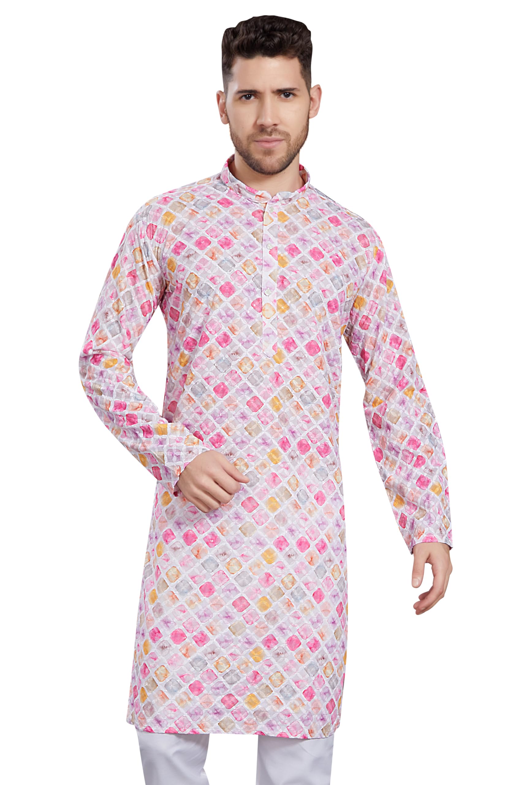 Divisive Men's Thread Embroidered Cotton Blend Only Slim Fit Kurta (Dkrt791_L_White - Pink)