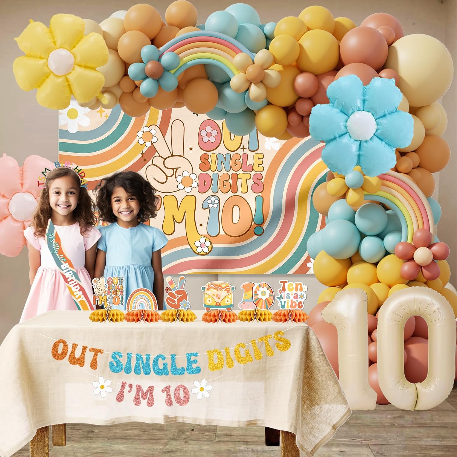 10th Birthday Decorations for Girl, Peace Out Single Digits Party Decoration, Groovy 10th Birthday Decor, Boho Rainbow I'm 10 Backdrop Banner Tablecloth Cake Topper Centerpiece Balloons Arch Crown Sash