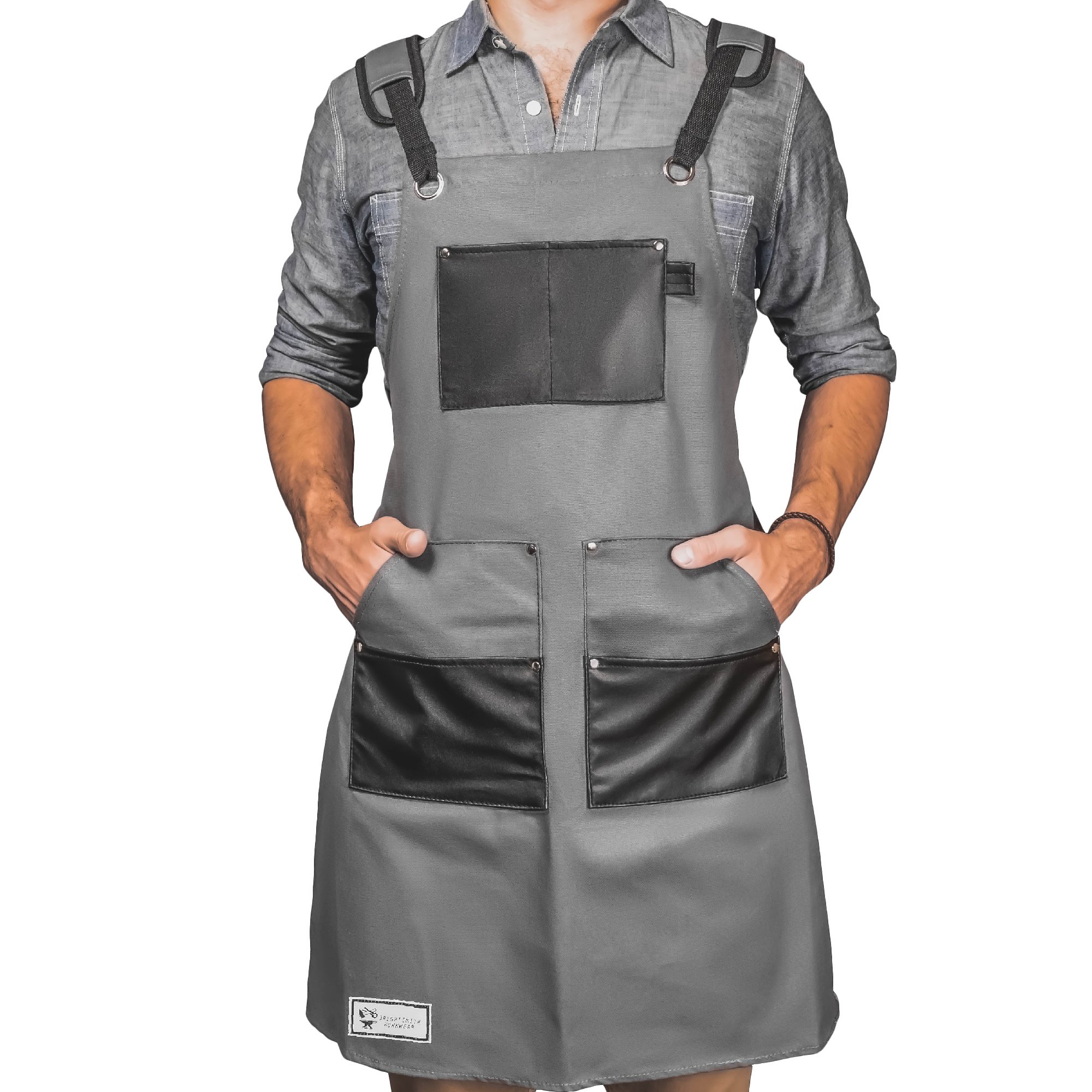 Stylish Multi-purpose Heavy Duty Waxed Canvas Apron by Brightsmith - Tool & Utensil Pockets with Comfortable Straps and Shoulder Pads, Adjustable Size Fits All
