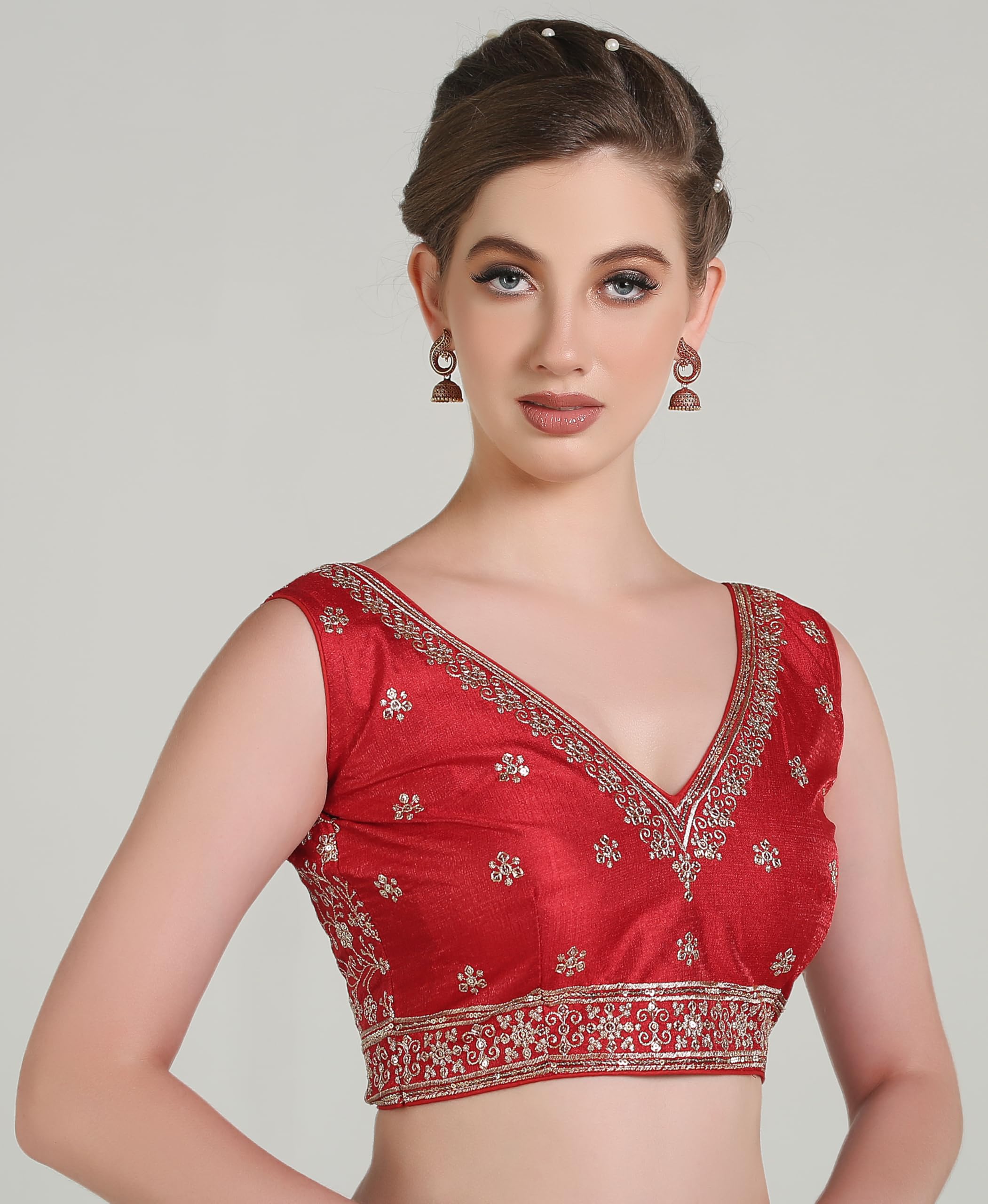 Pujia Mills Women's Indian Ethnic Wear Designer Golden Zari With Embroidery Sequence Work V Neck Sleeveless Readymadeback Side Worked Saree Blouse Readymade Red Blouse Lehenga Choli
